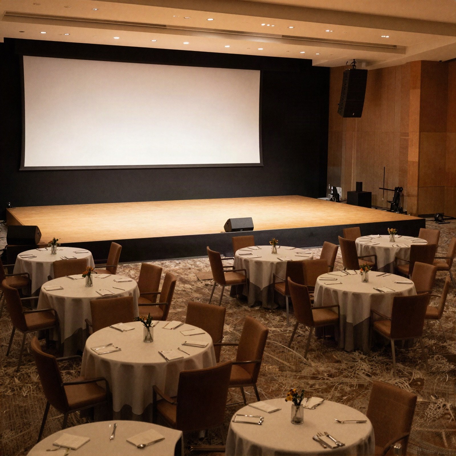 Corporate gala hall with round banquet tables facing a lit stage