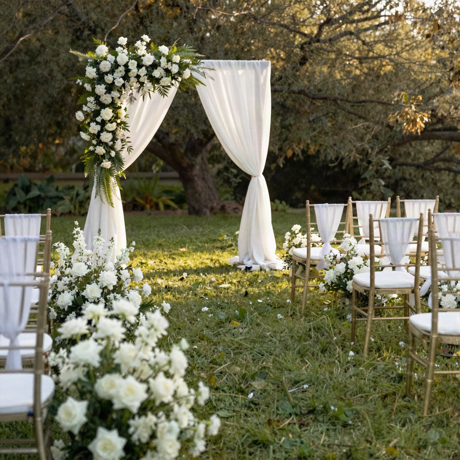 Outdoor wedding aisle with white flowers and a draped fabric arch