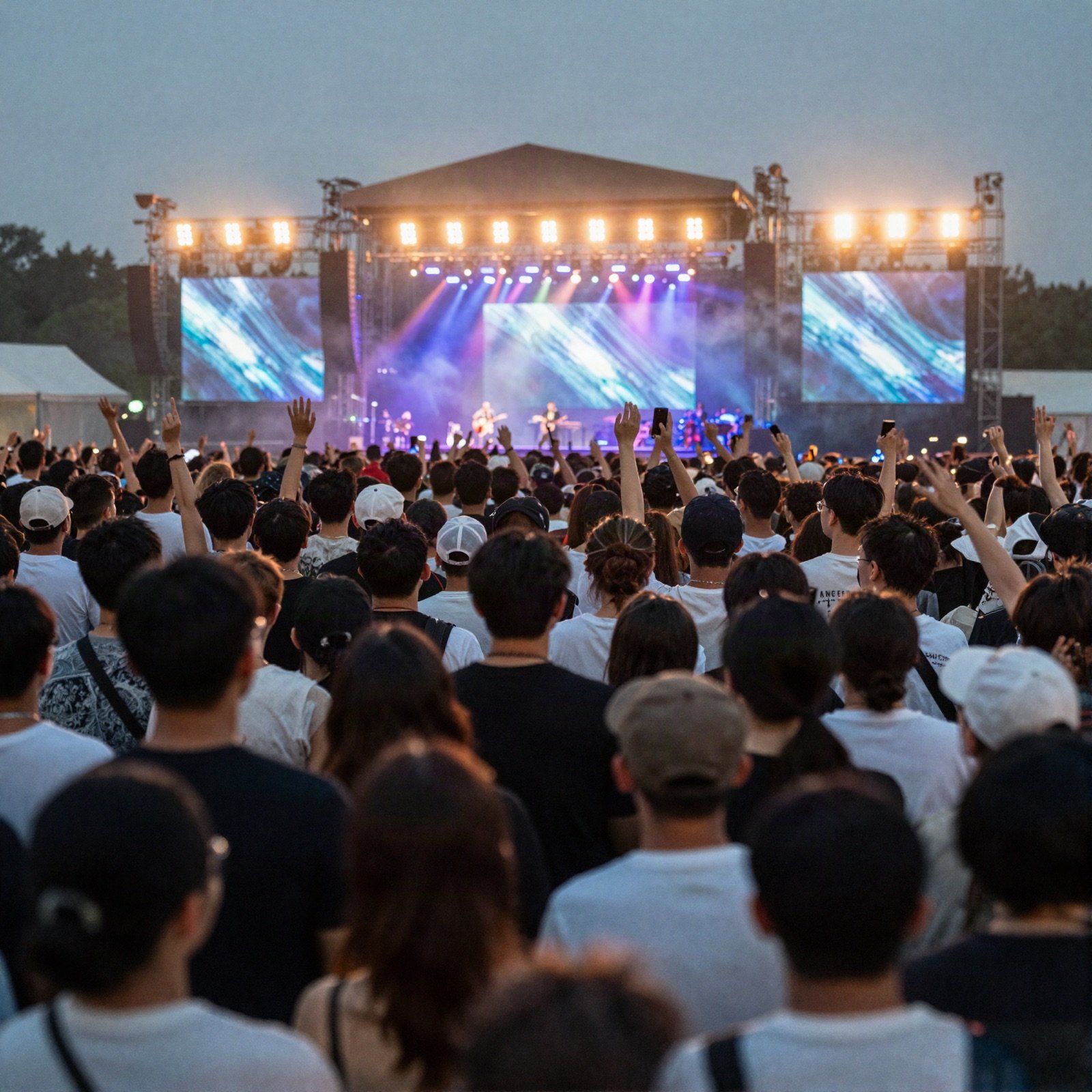 Crowd watching an outdoor concert stage with colourful lights at dusk