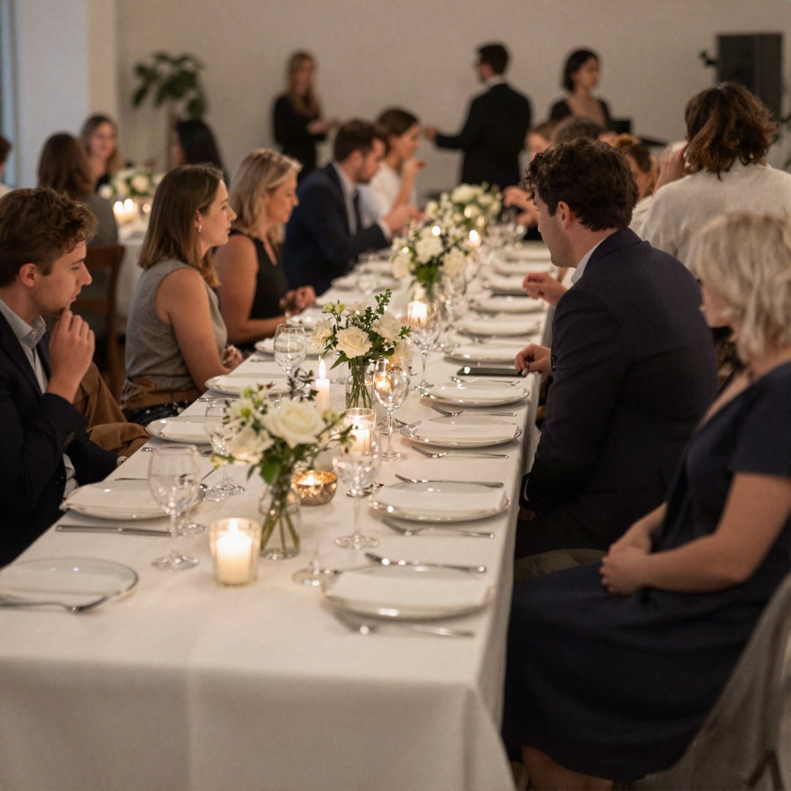 Charity gala dinner with long candlelit tables and flower centrepieces