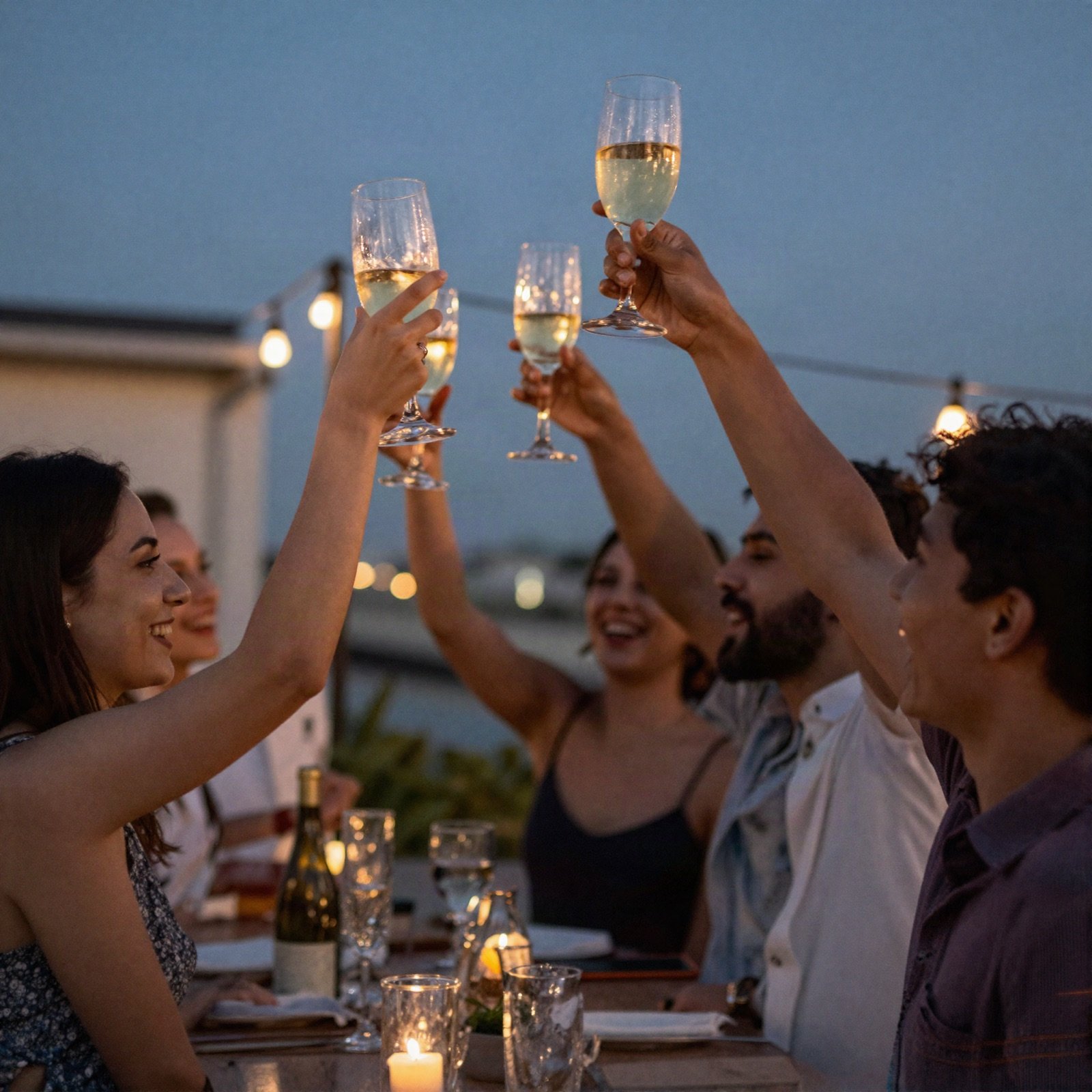 Friends raising glasses at a rooftop party under string lights