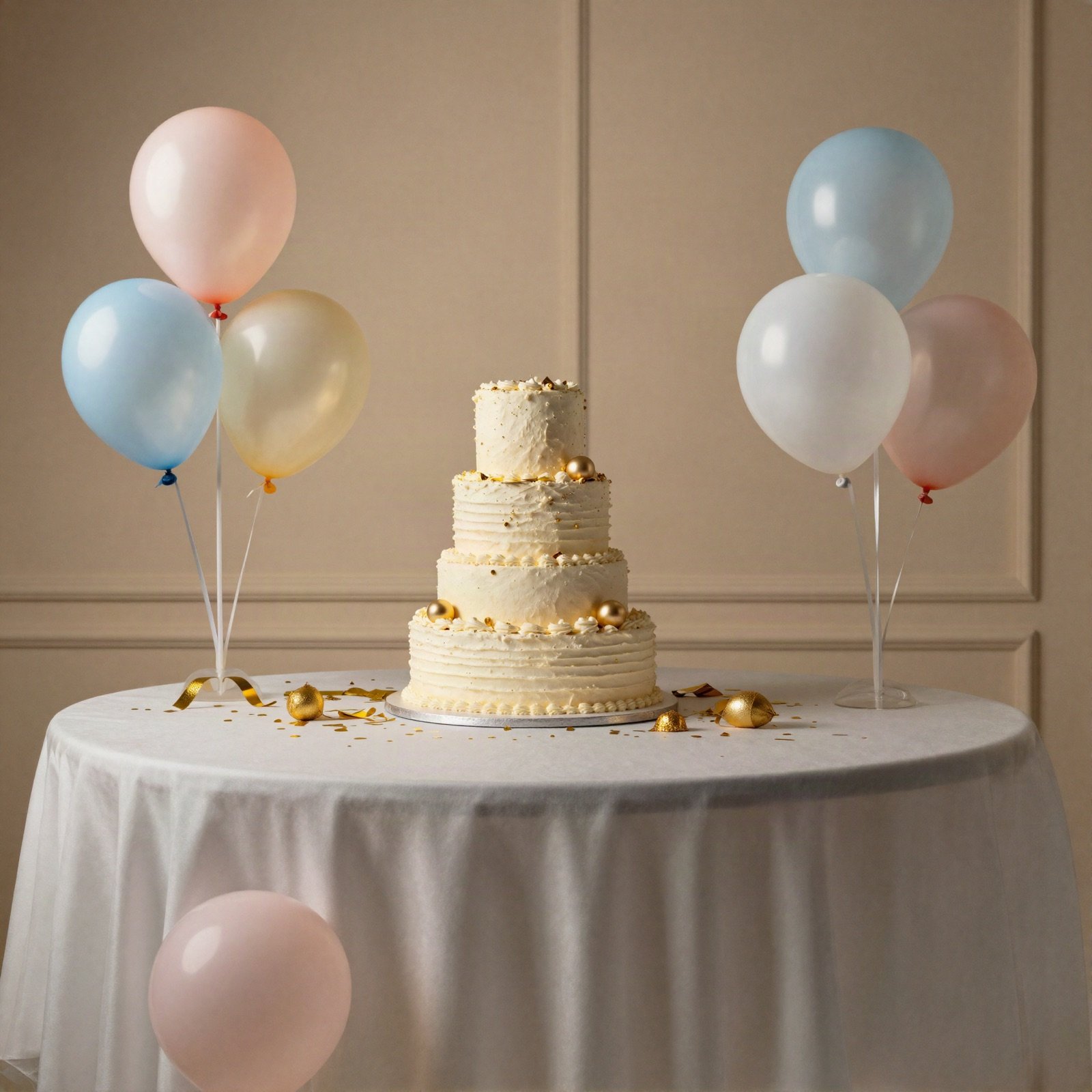 Birthday table with a tiered cake, pastel balloons and gold confetti