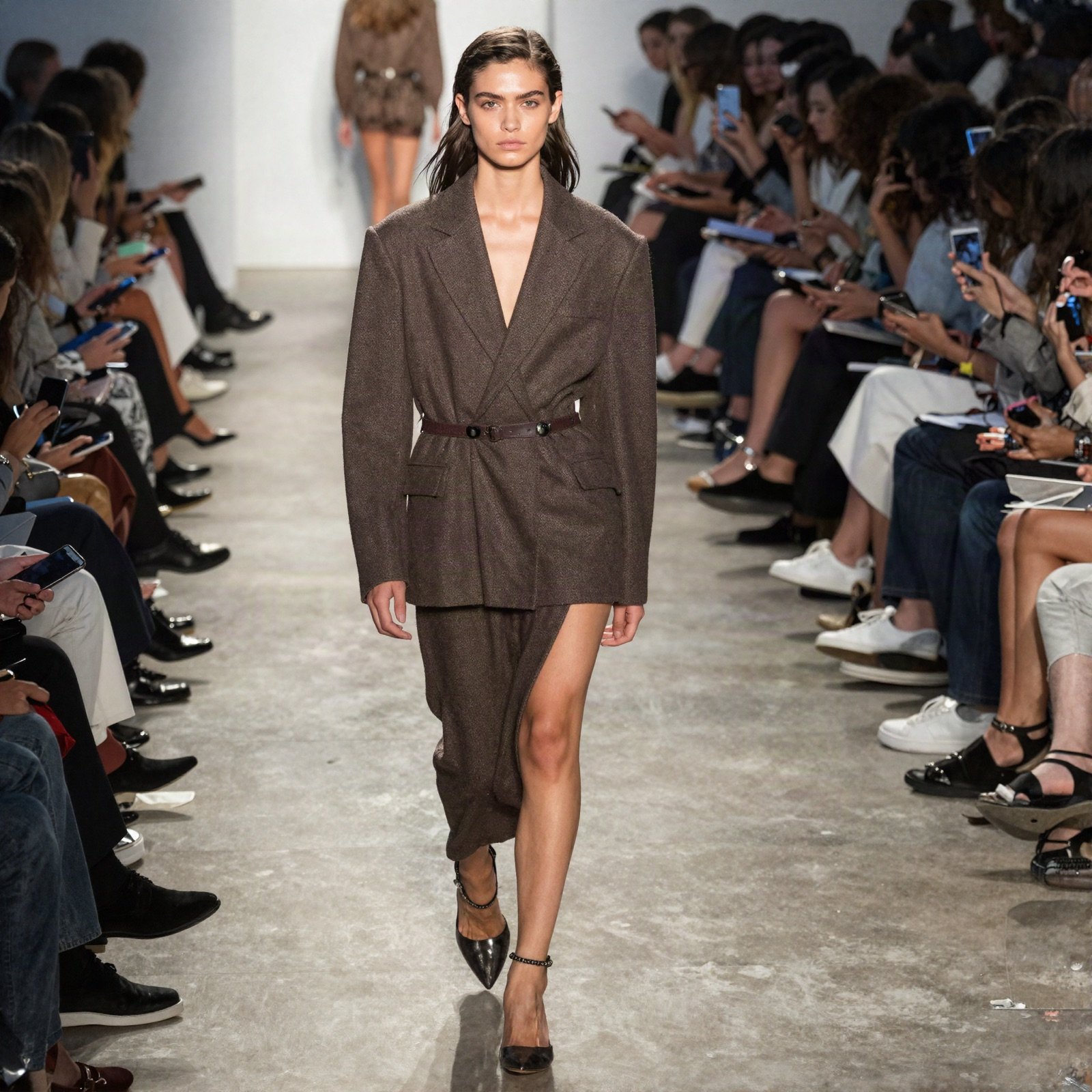 Model walking a fashion runway between rows of seated guests