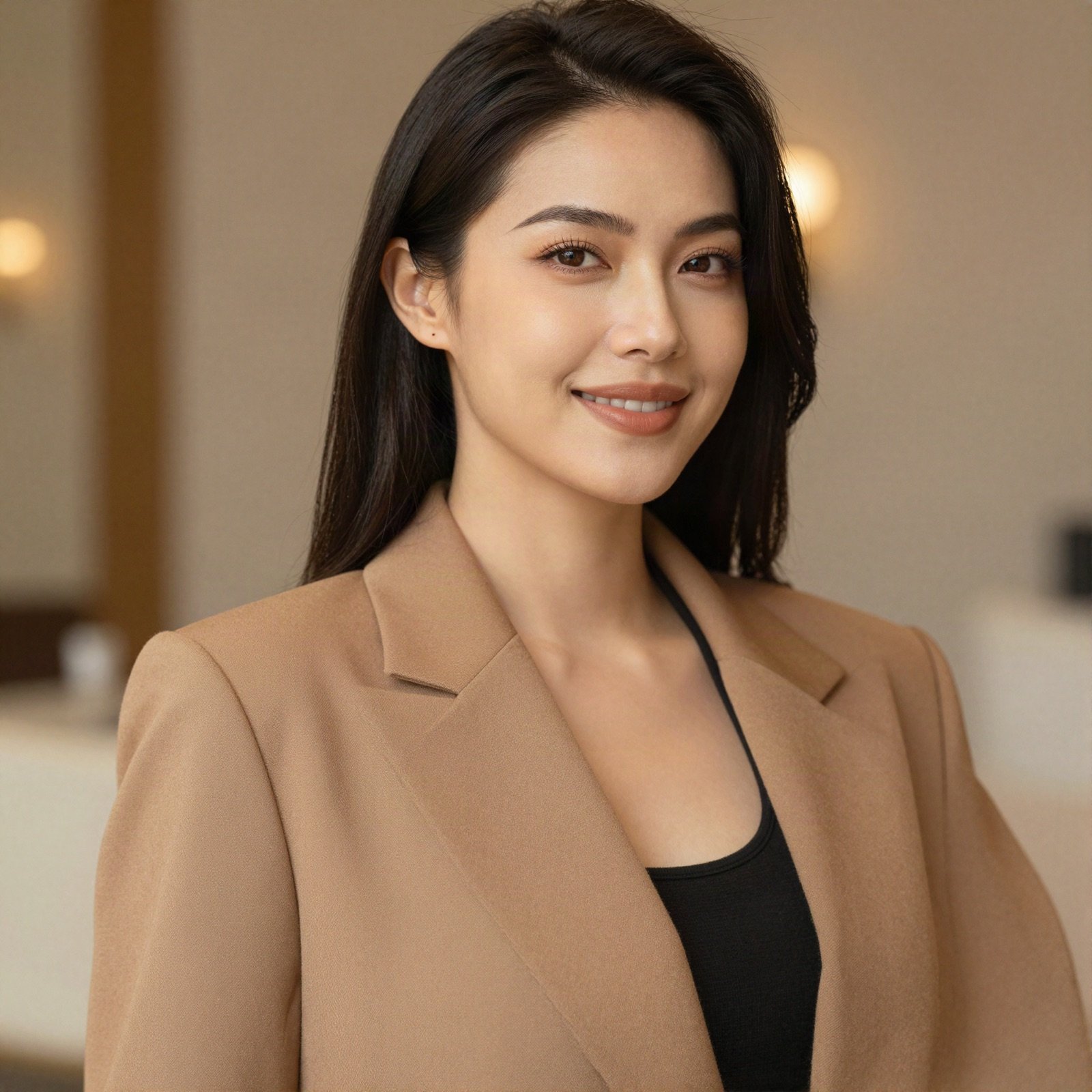 Smiling woman with sleek dark hair in a camel blazer