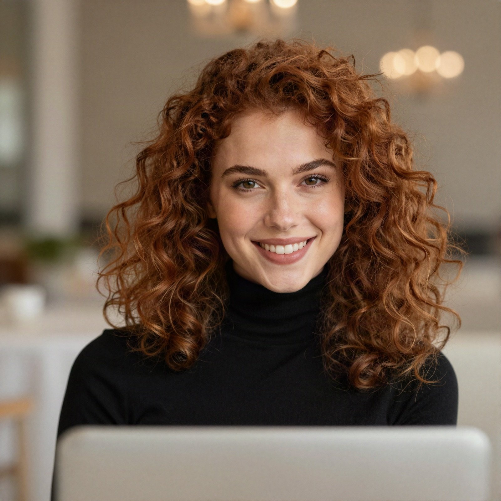 Smiling young woman with curly auburn hair in a black turtleneck