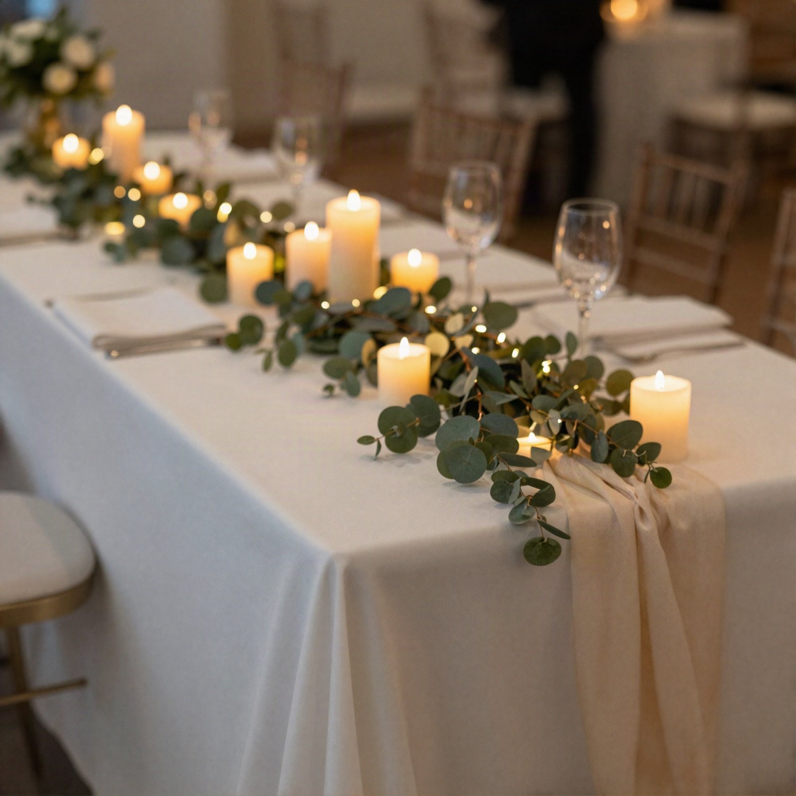 Event table decorated with candles, fairy lights and eucalyptus garlands