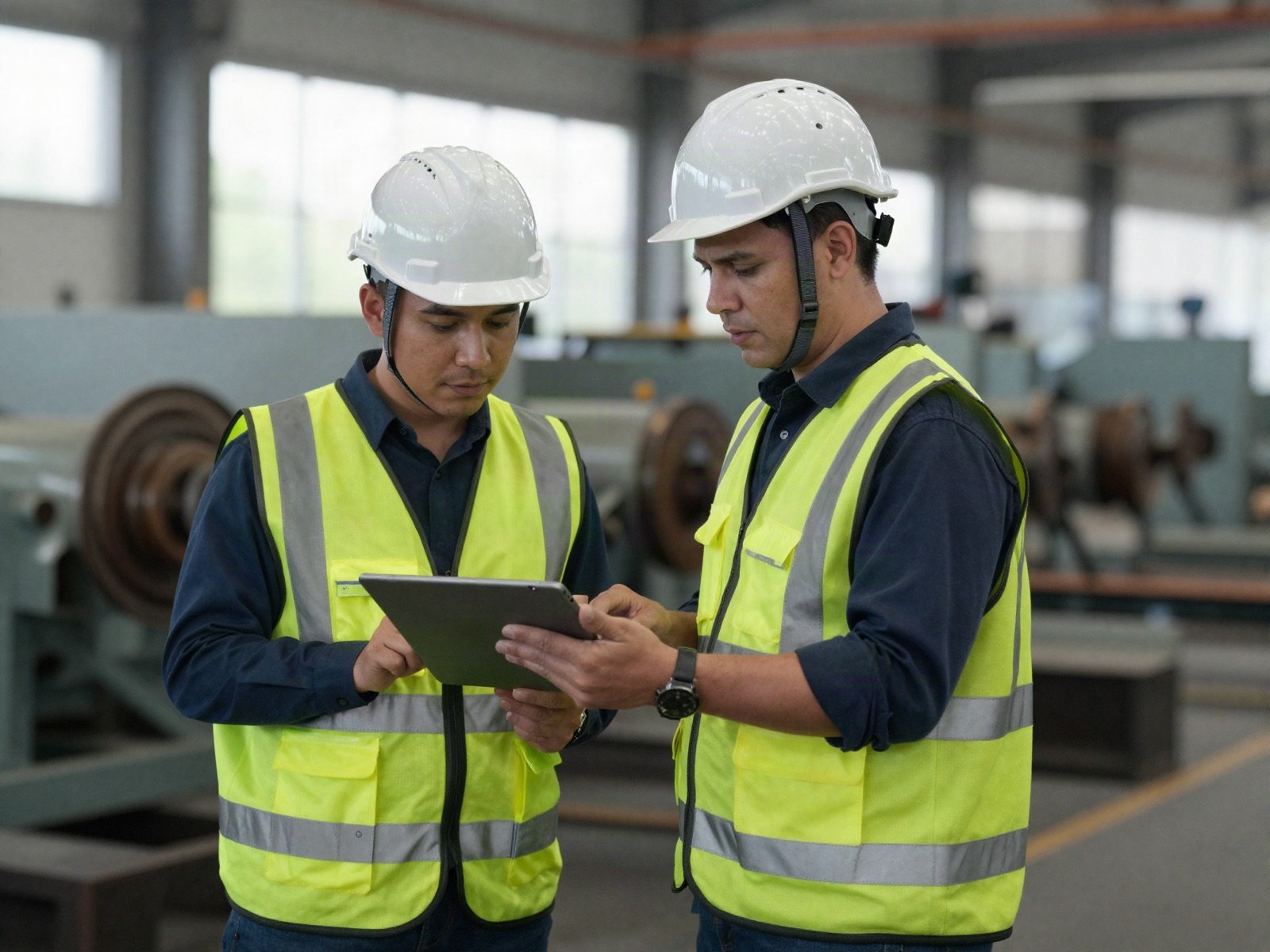 Two engineers in hard hats and high-visibility vests reviewing a tablet beside machinery