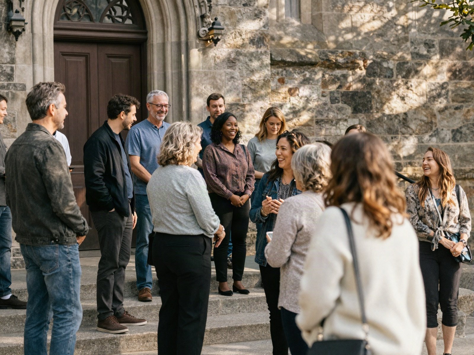 Church members talking and smiling together on the stone steps outside the church