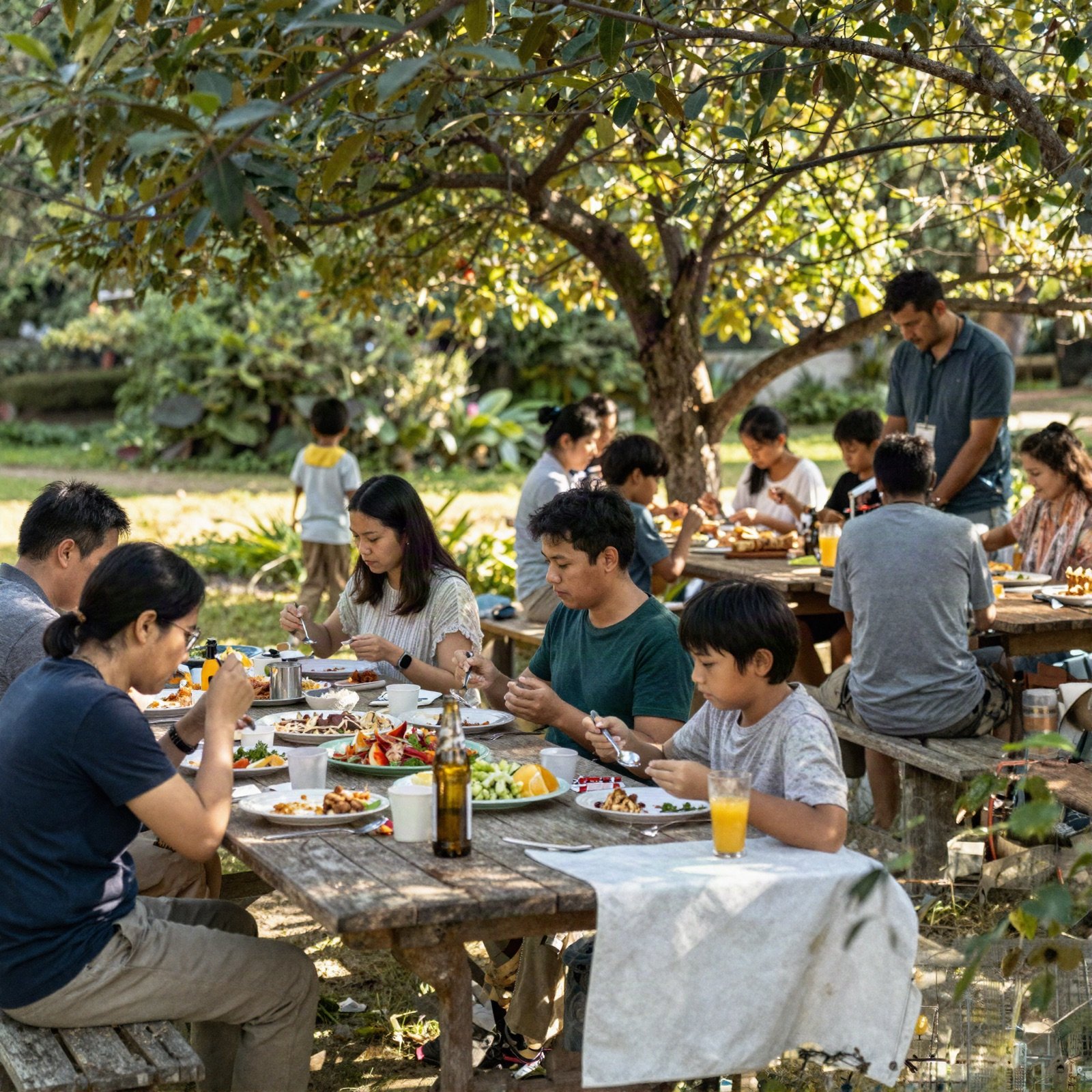 Families sharing food at long wooden tables under trees at a fellowship picnic