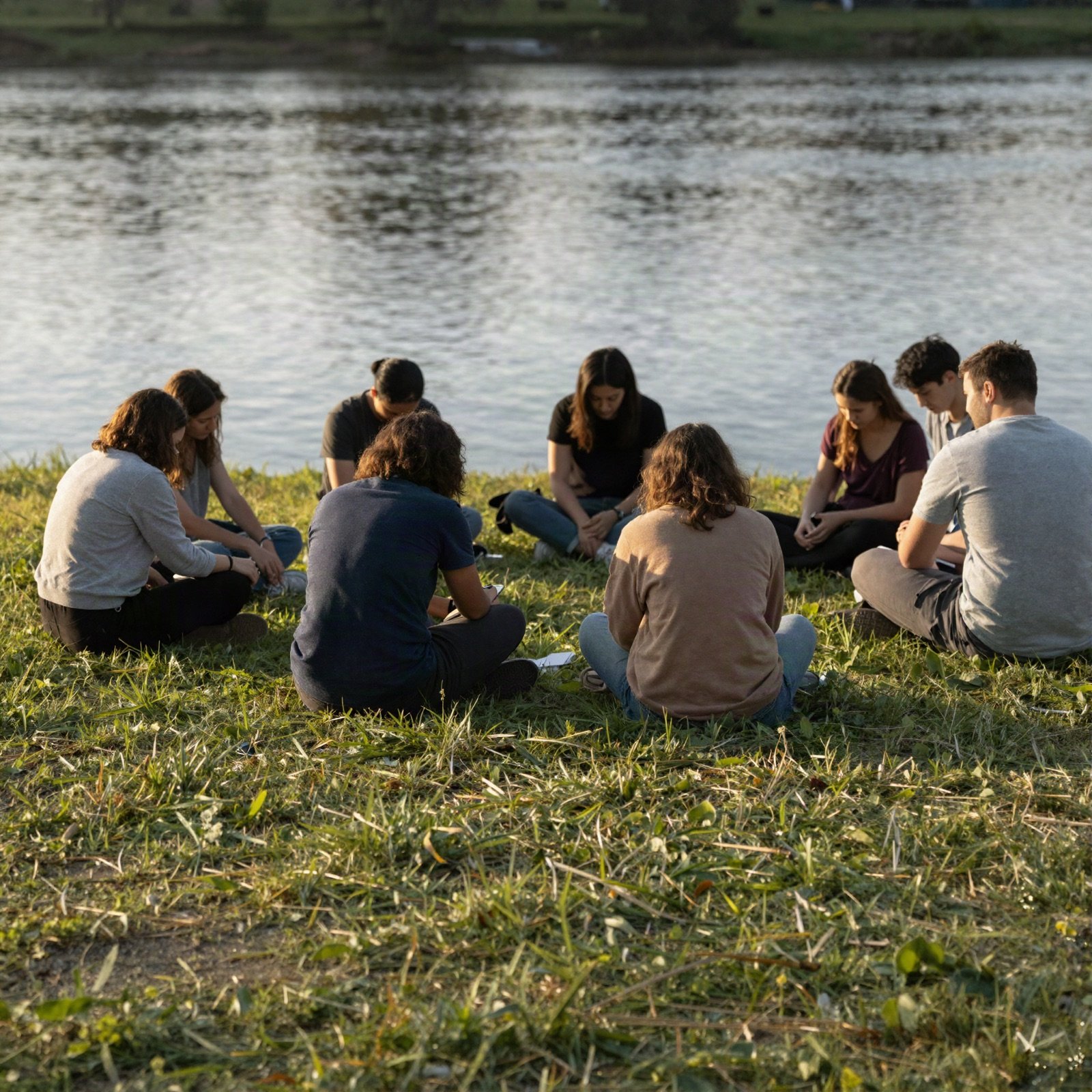 A small group sitting in a circle on the grass by a river in quiet reflection