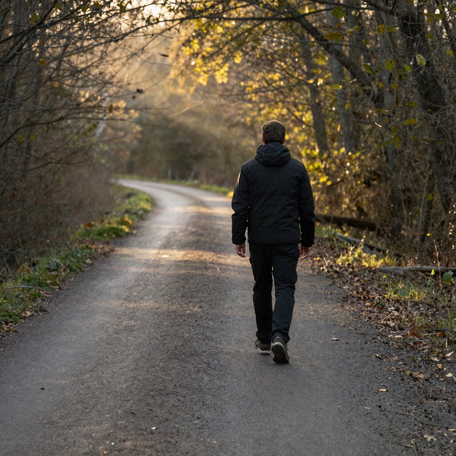 A man walking alone along a quiet tree-lined path in soft morning light