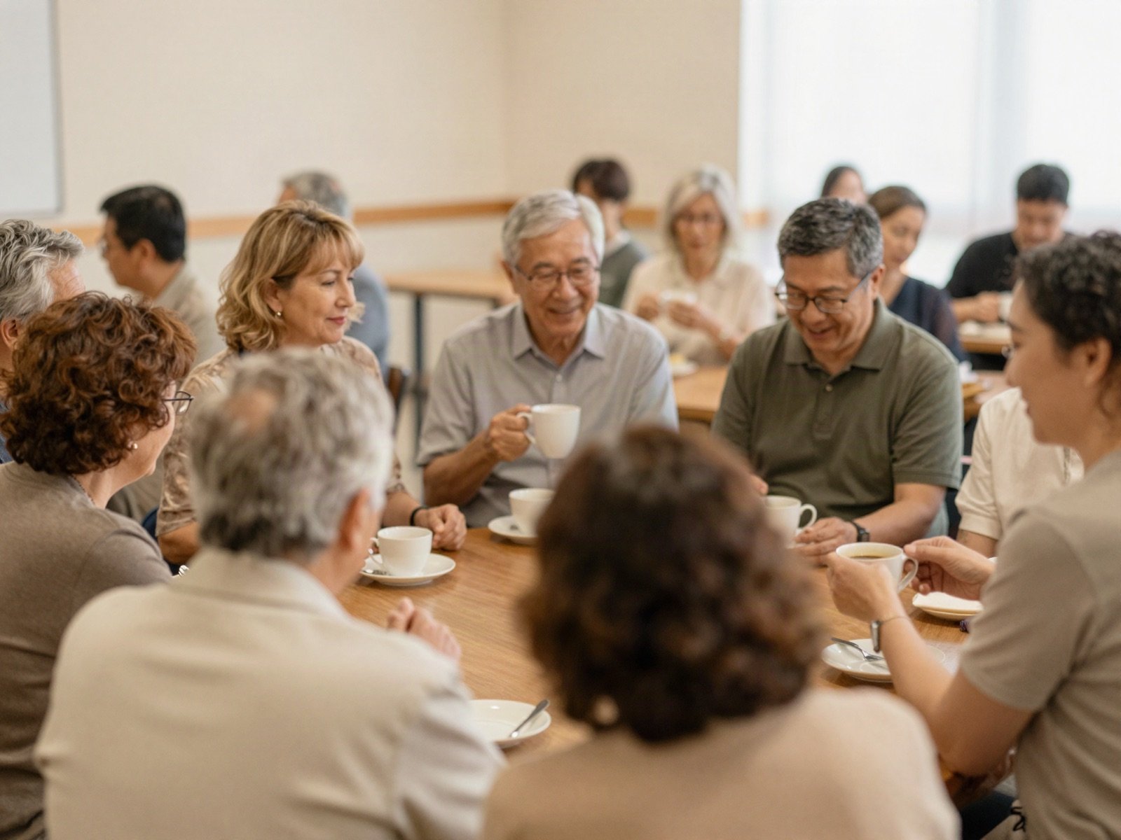 Church members of all ages chatting over tea in a bright fellowship hall