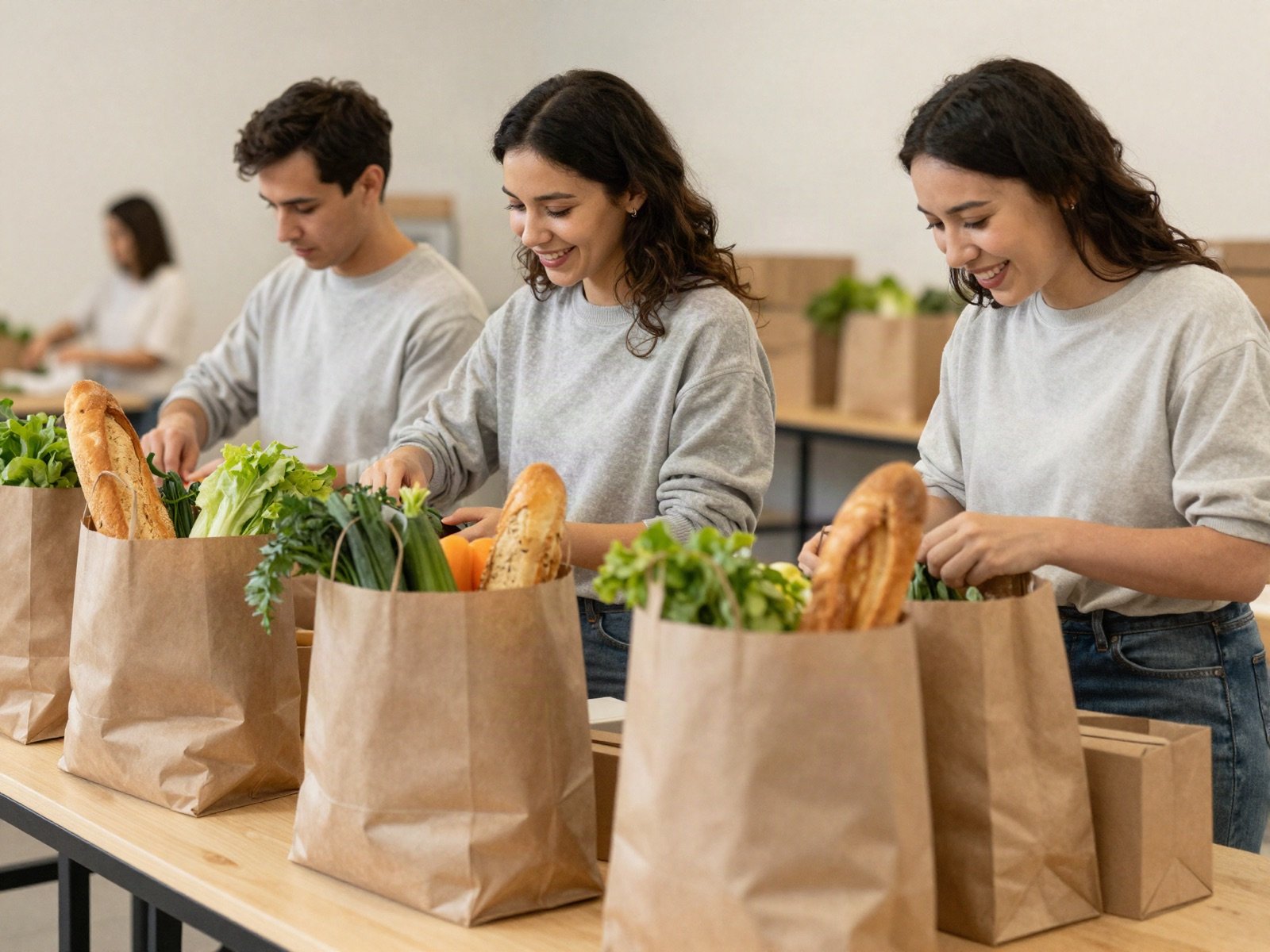 Volunteers filling paper bags with vegetables and bread for donation