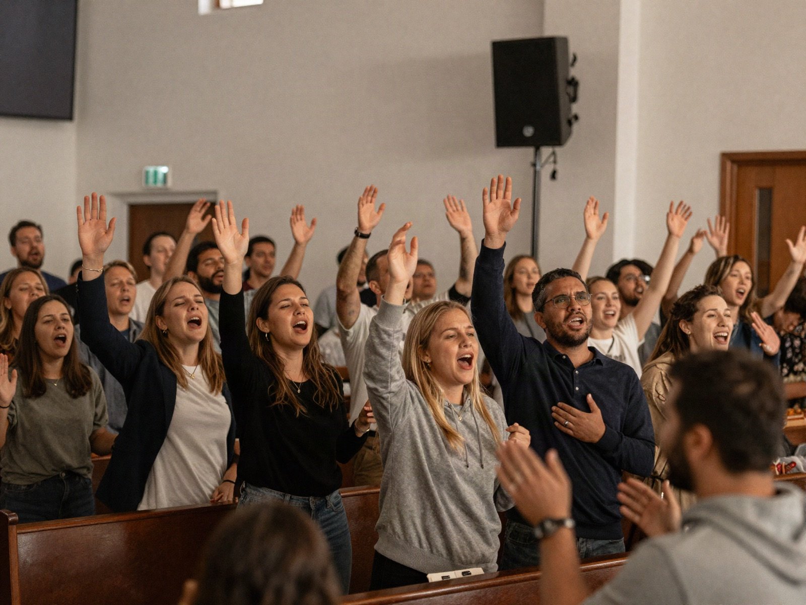 People singing together with raised hands in a sunlit church
