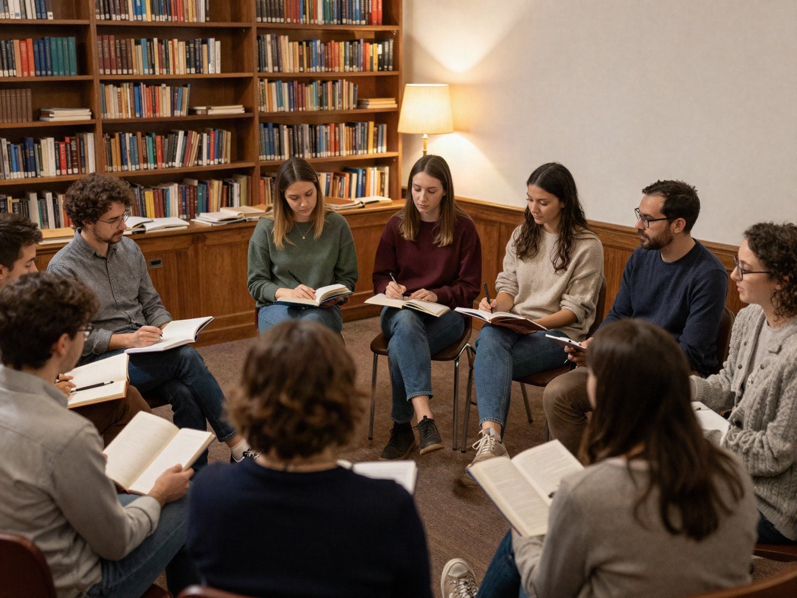 Adult study group sitting in a circle with open books in a church library