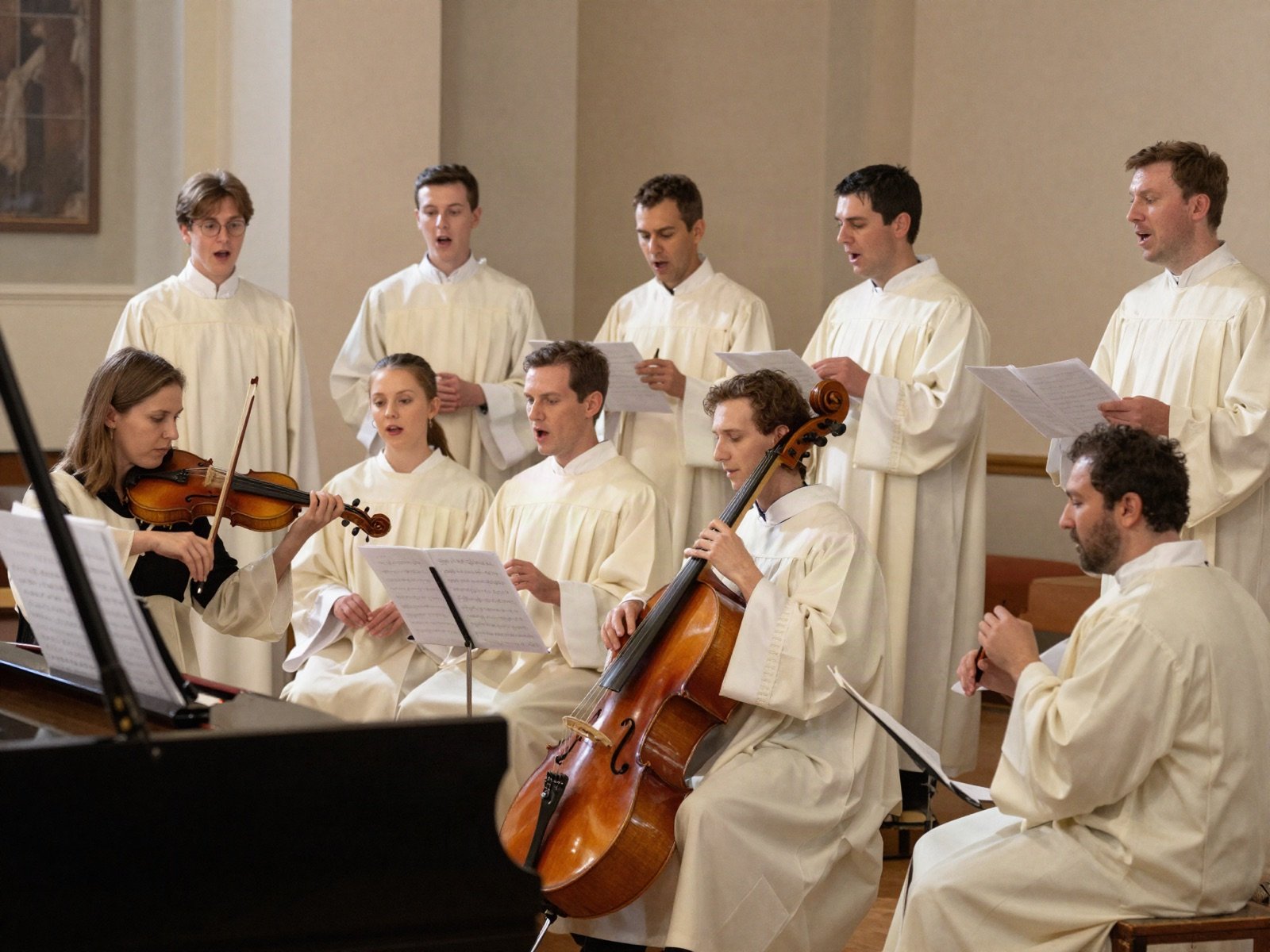Choir in cream robes singing beside a violinist and a cellist