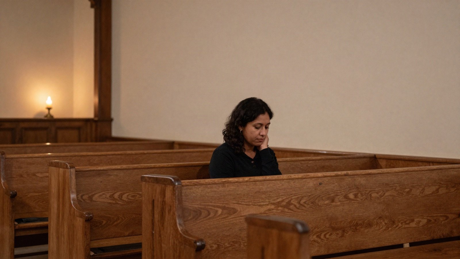 Person sitting in quiet reflection on a pew beside a candle-lit chapel