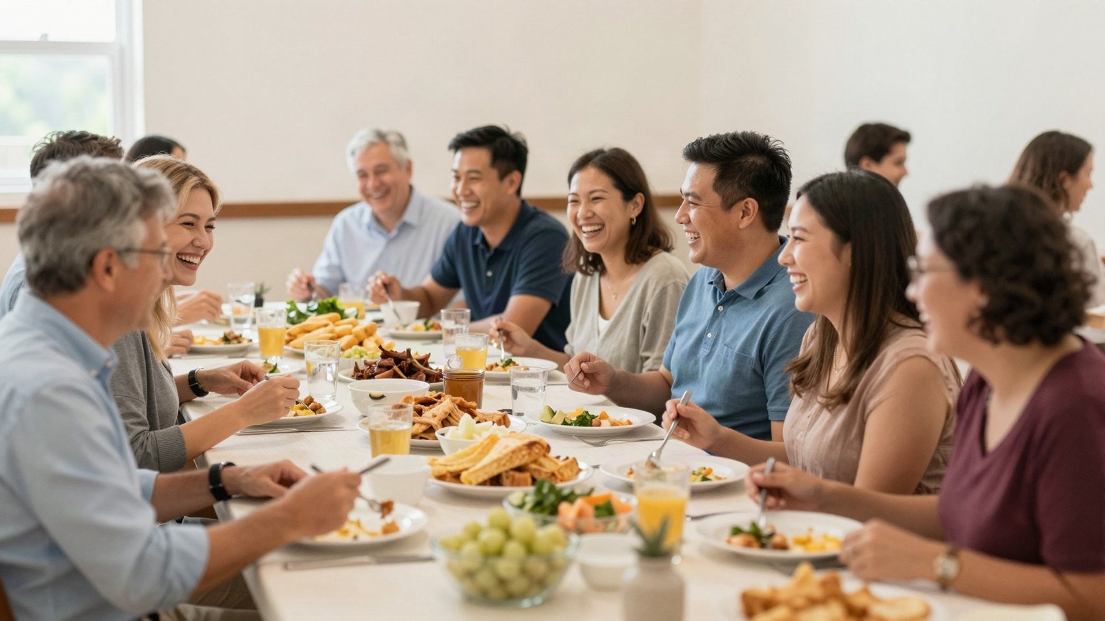 Church members laughing together over a shared meal in a parish hall