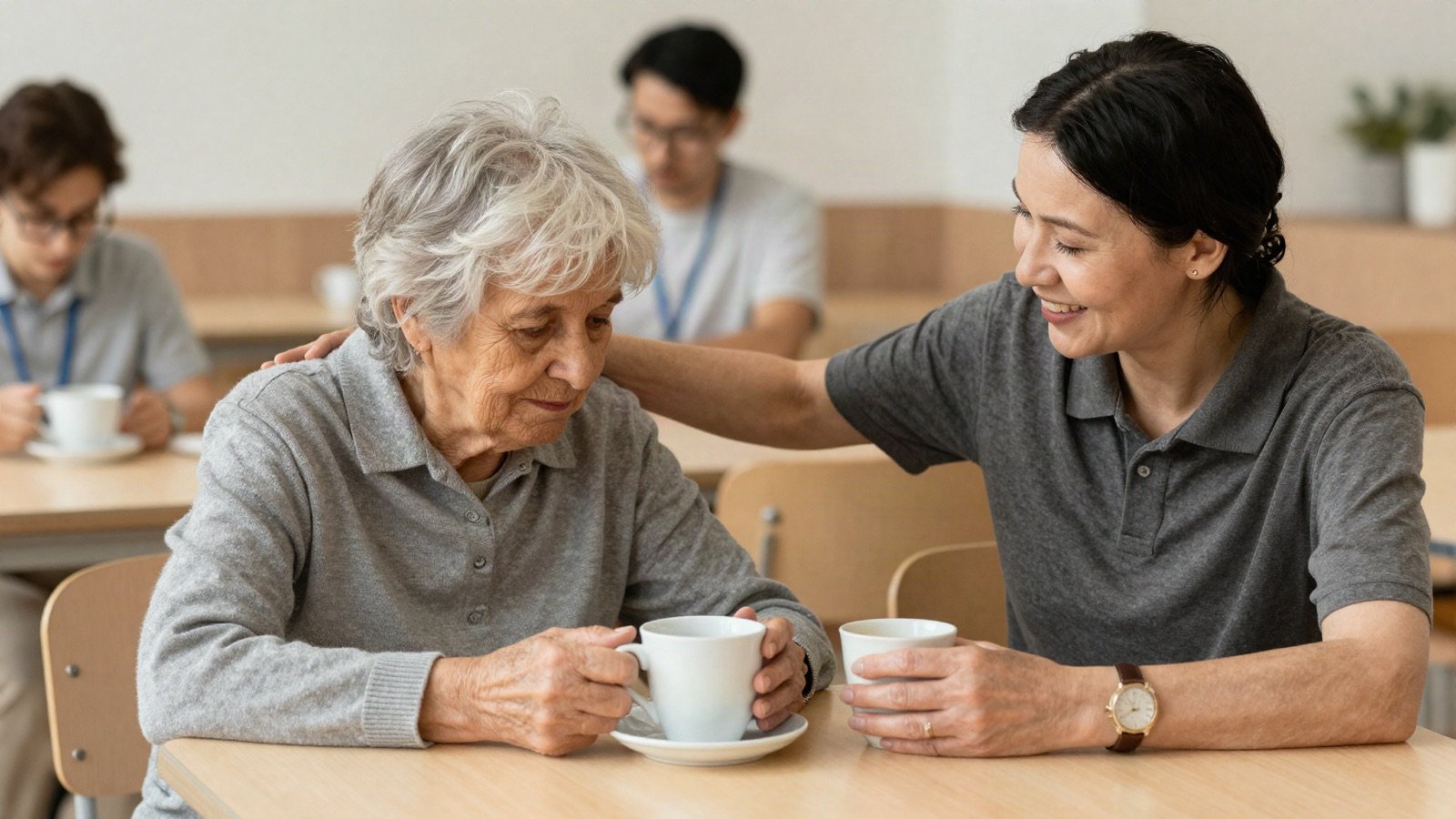 Volunteers listening to an elderly woman over a cup of tea