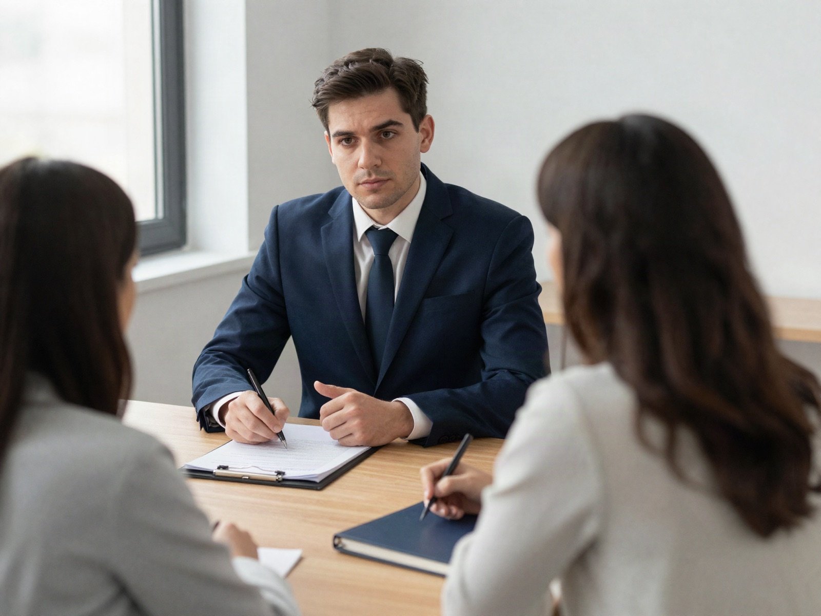 A lawyer in a navy suit taking notes while meeting two clients at a table