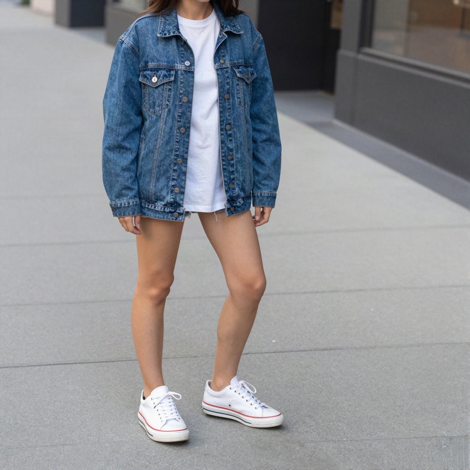 An oversized denim jacket, white tee and white sneakers on a city sidewalk