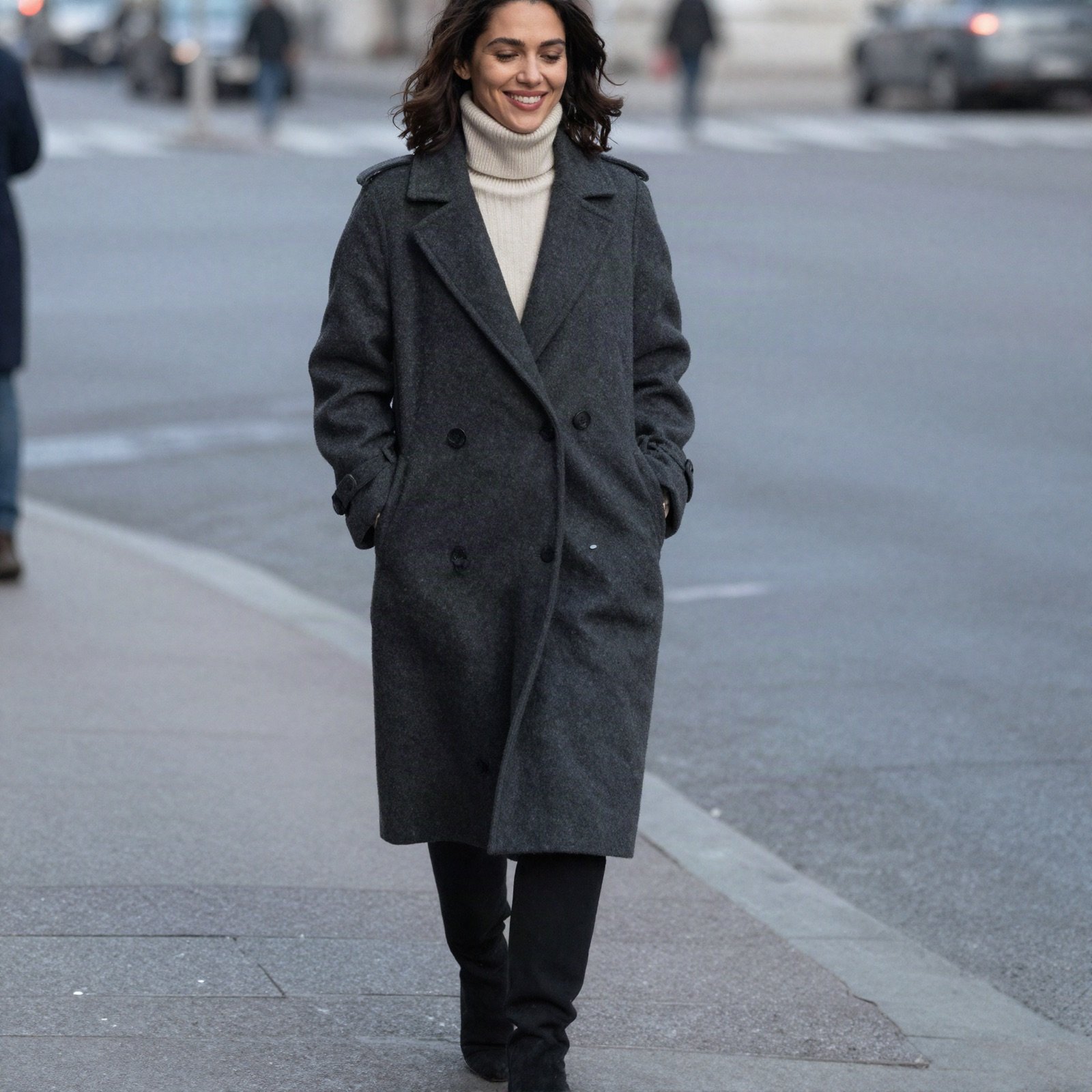 A woman in a long charcoal wool coat and cream turtleneck walking down a city street