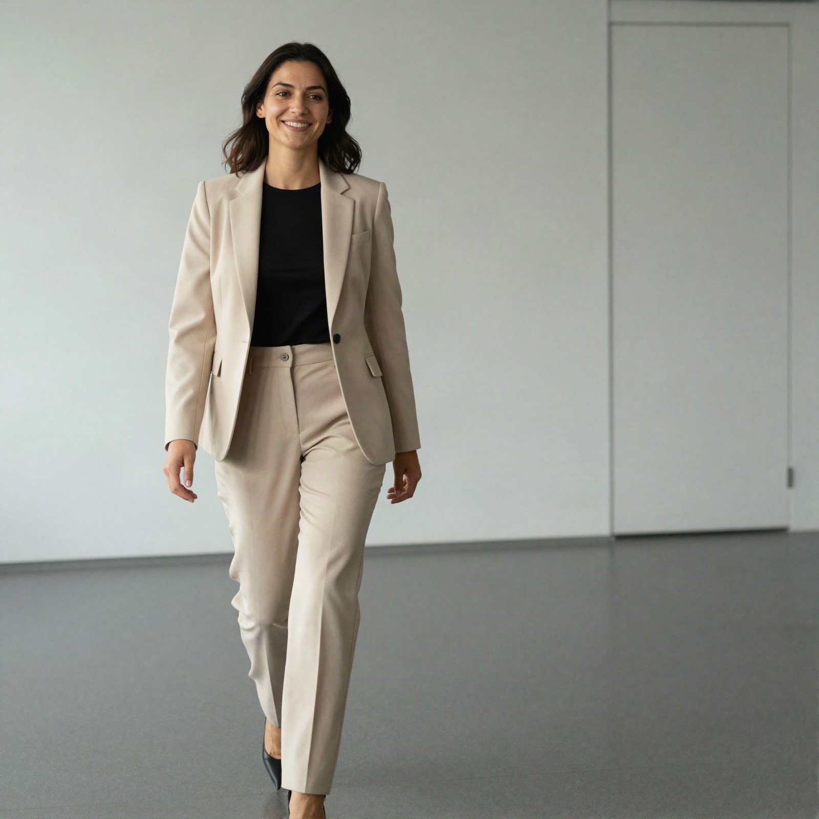 A woman in a beige trouser suit walking through a bright office lobby