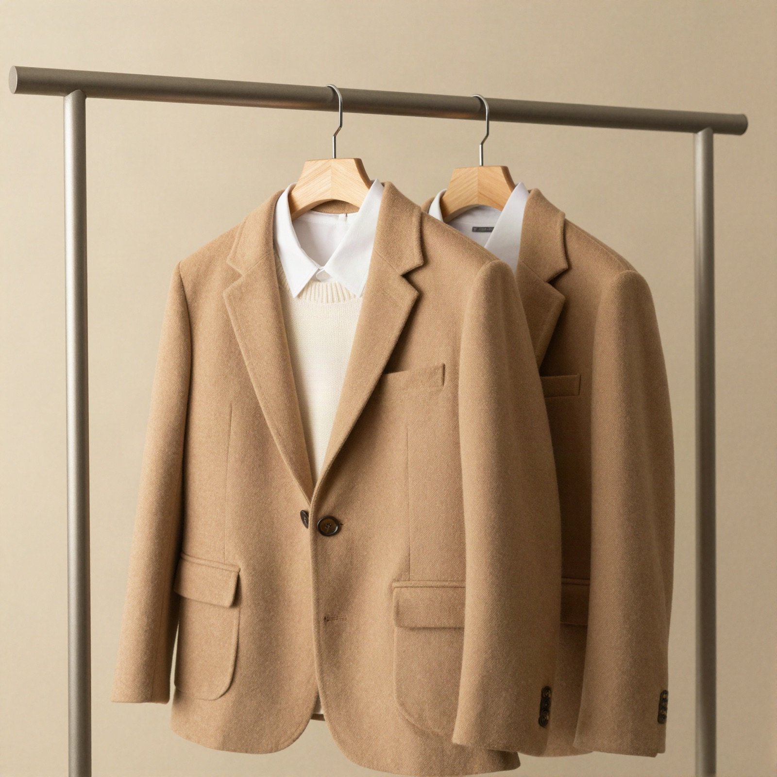 A camel blazer over a cream knit and white shirt on a clothing rail