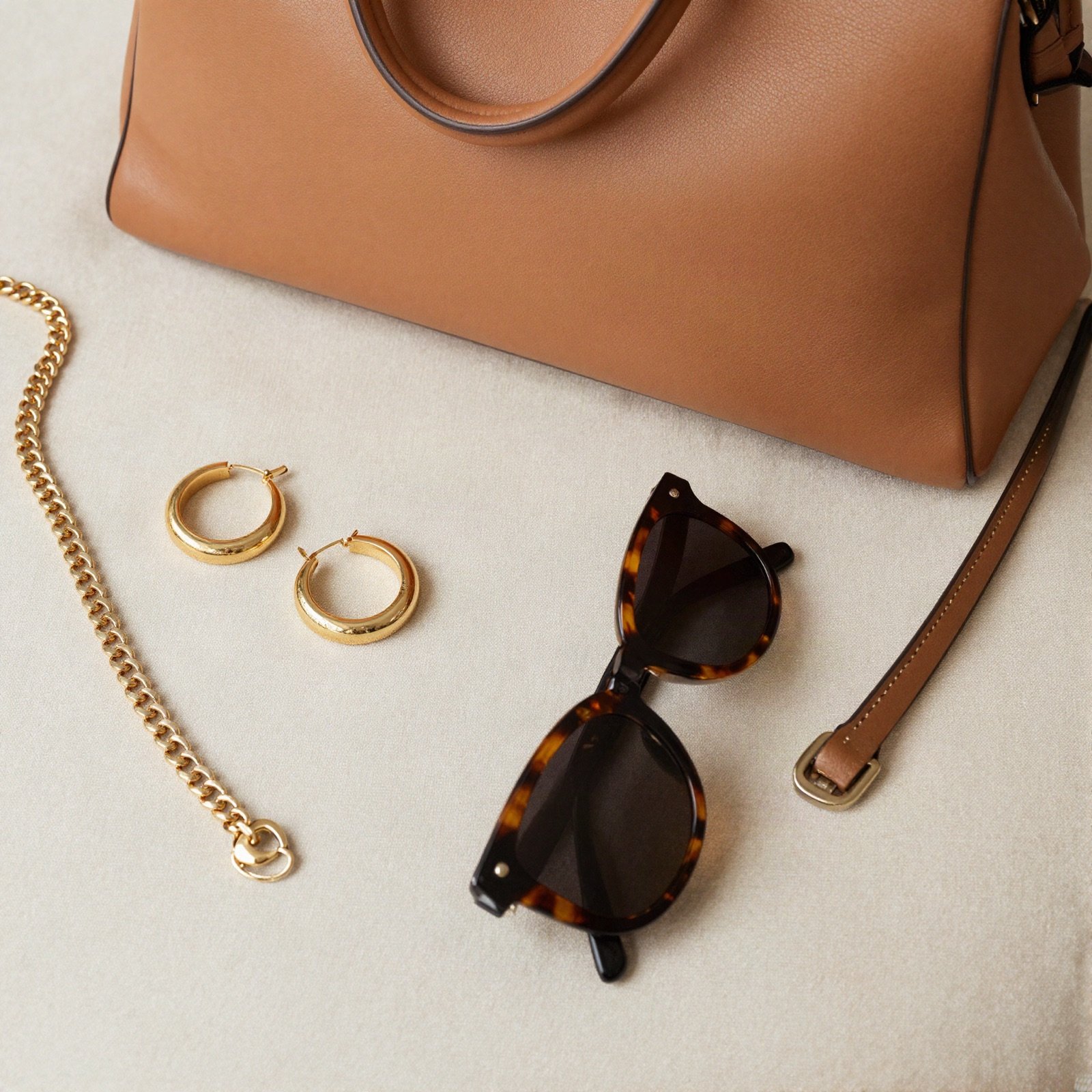 A tan leather handbag, gold hoop earrings, a chain necklace and tortoiseshell sunglasses
