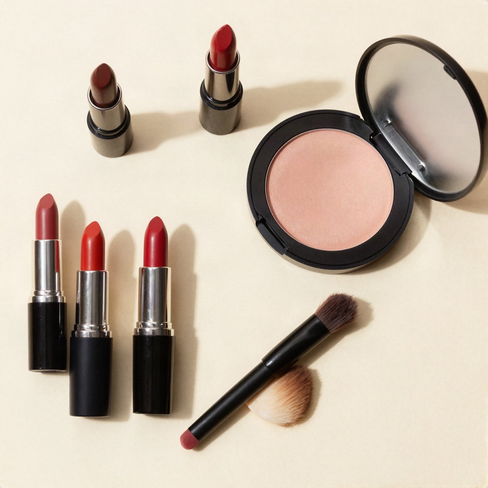 Red lipsticks, a blush compact and makeup brushes on a cream background