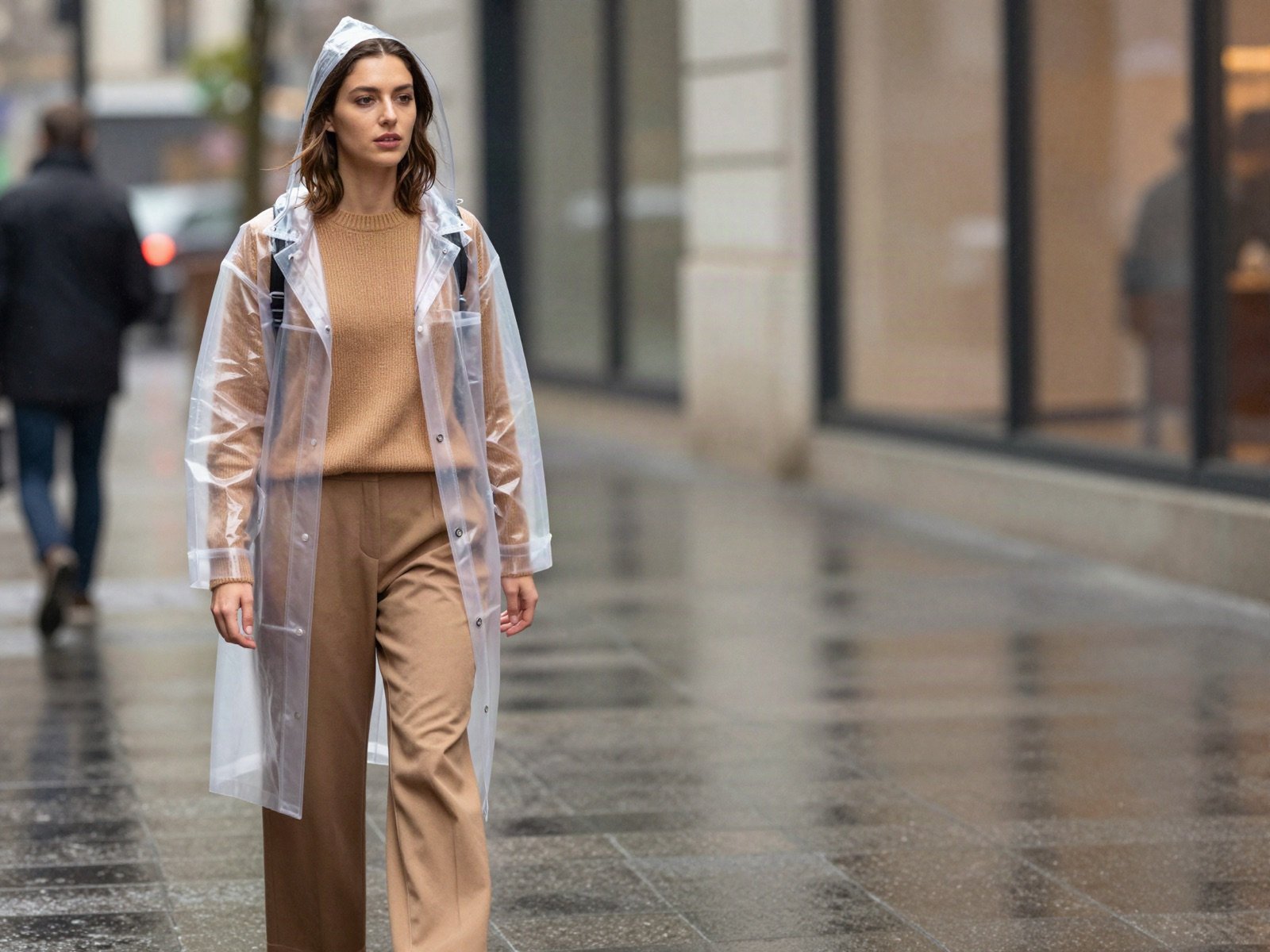A woman in a clear rain coat over a camel knit and trousers on a wet city street
