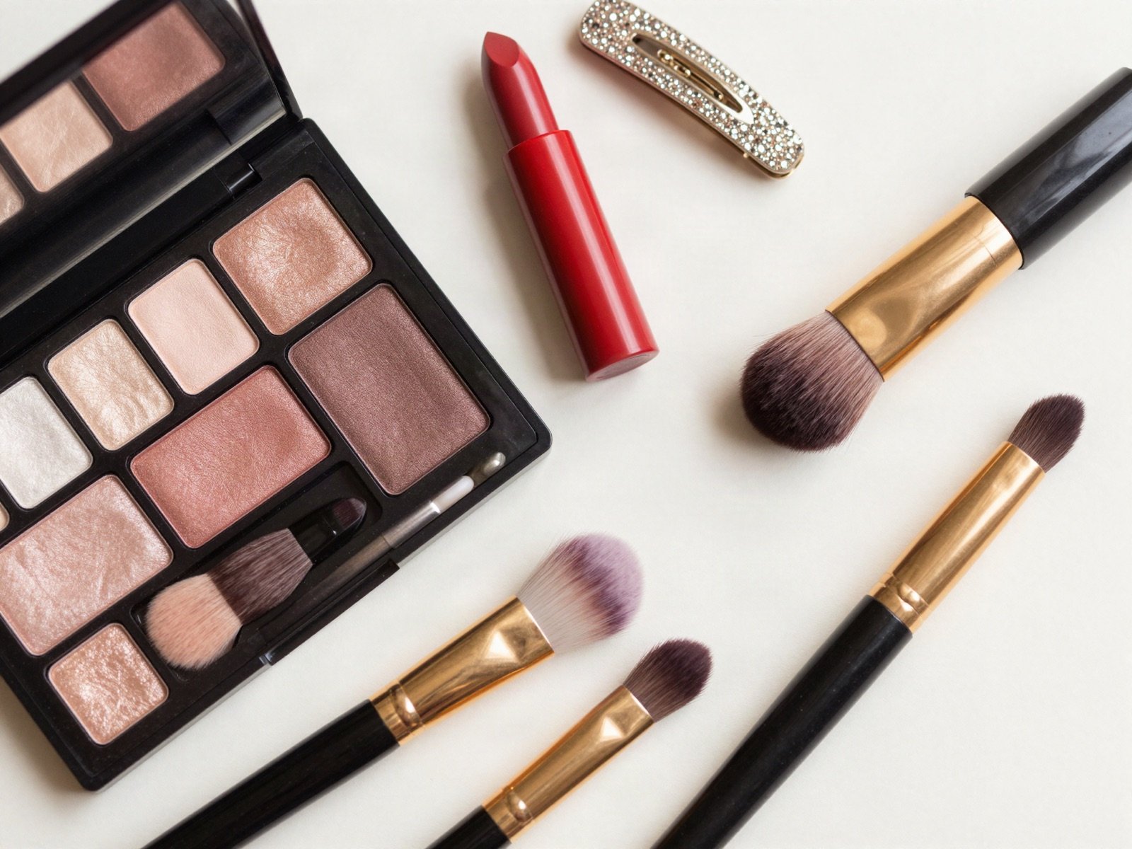 A shimmering eyeshadow palette, red lipstick, brushes and a sparkly hair clip