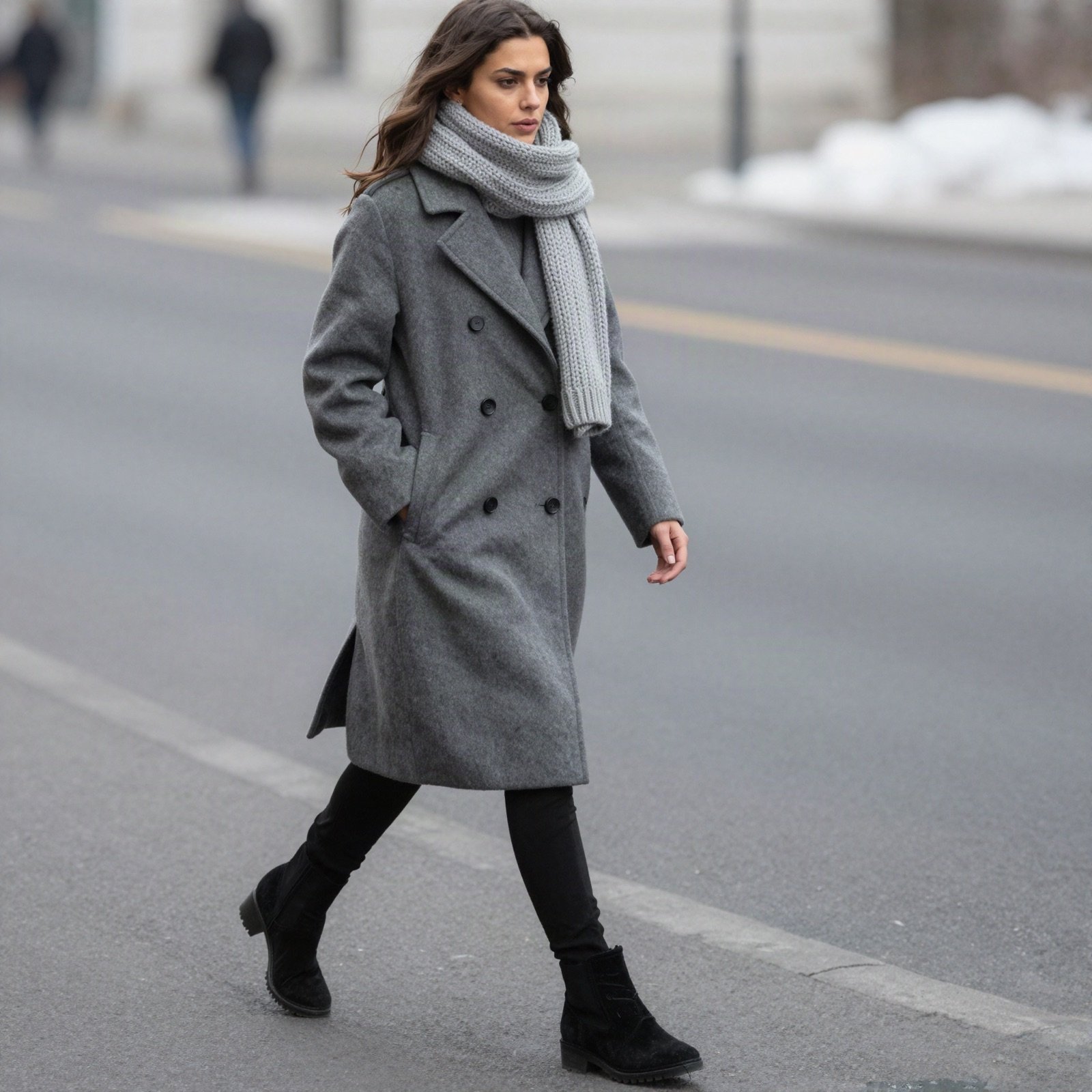 A woman in a grey wool coat and knit scarf walking down a winter street