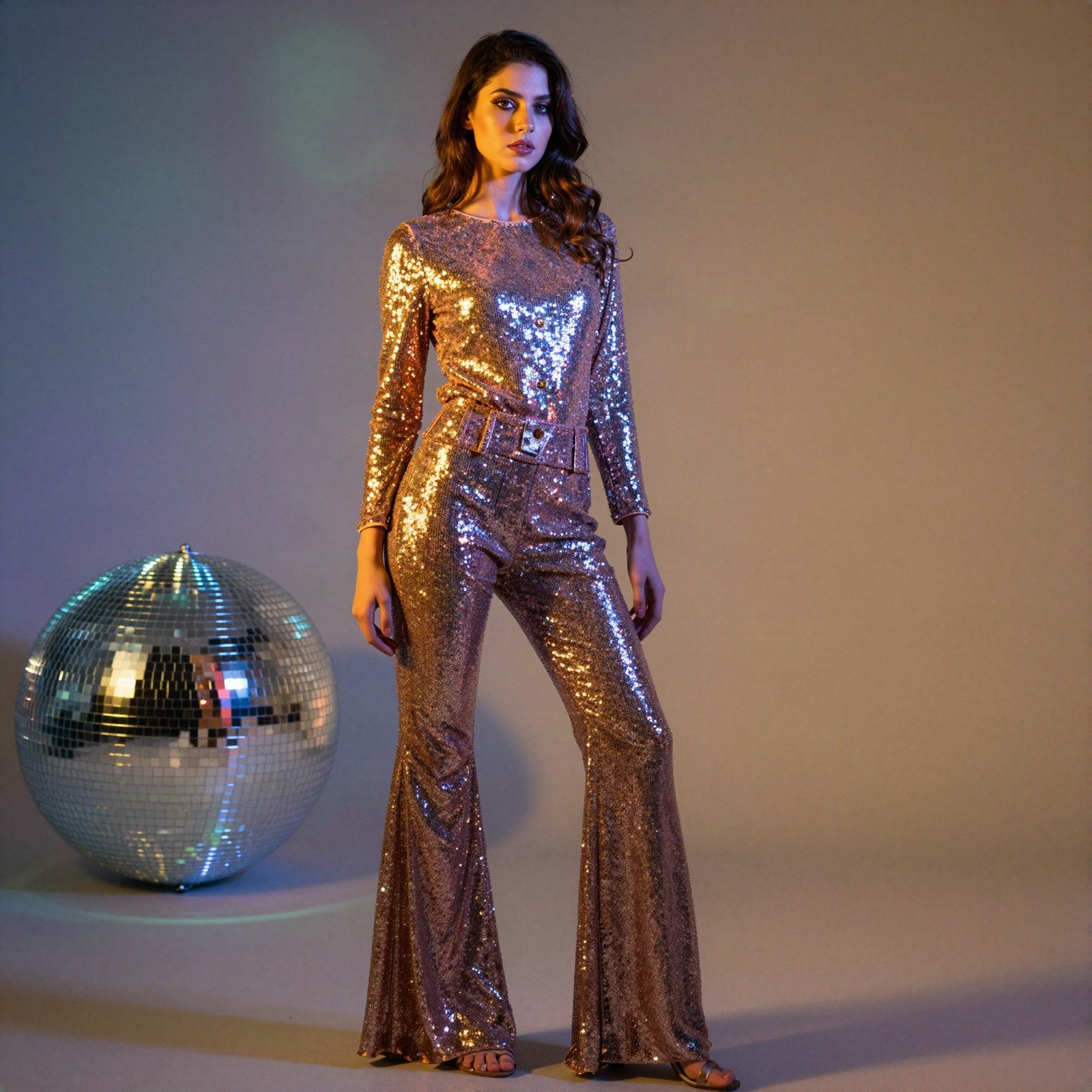 A woman in a sequin top and flared trousers beside a mirror ball
