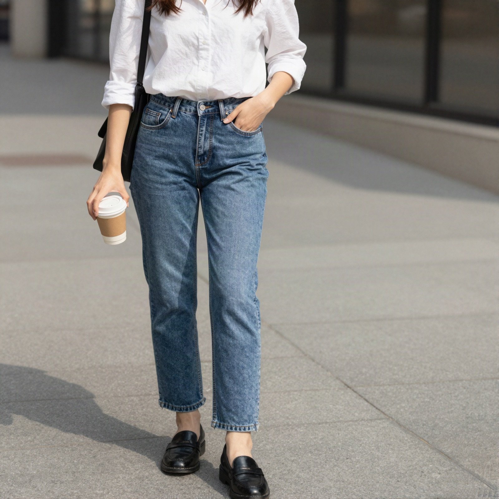 A white shirt, straight jeans and loafers with a coffee cup on a city sidewalk
