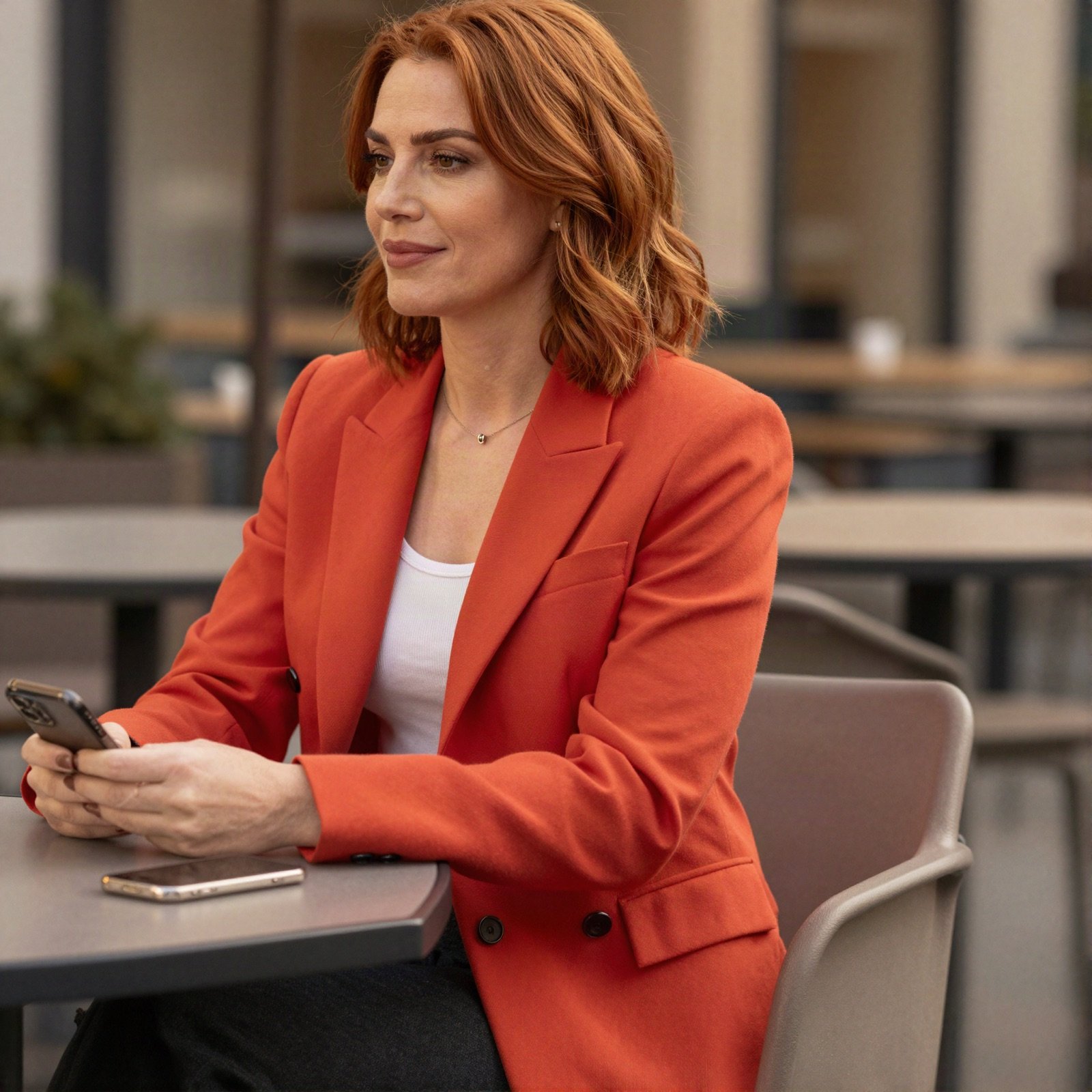 A woman with auburn hair in a red-orange blazer at a cafe terrace