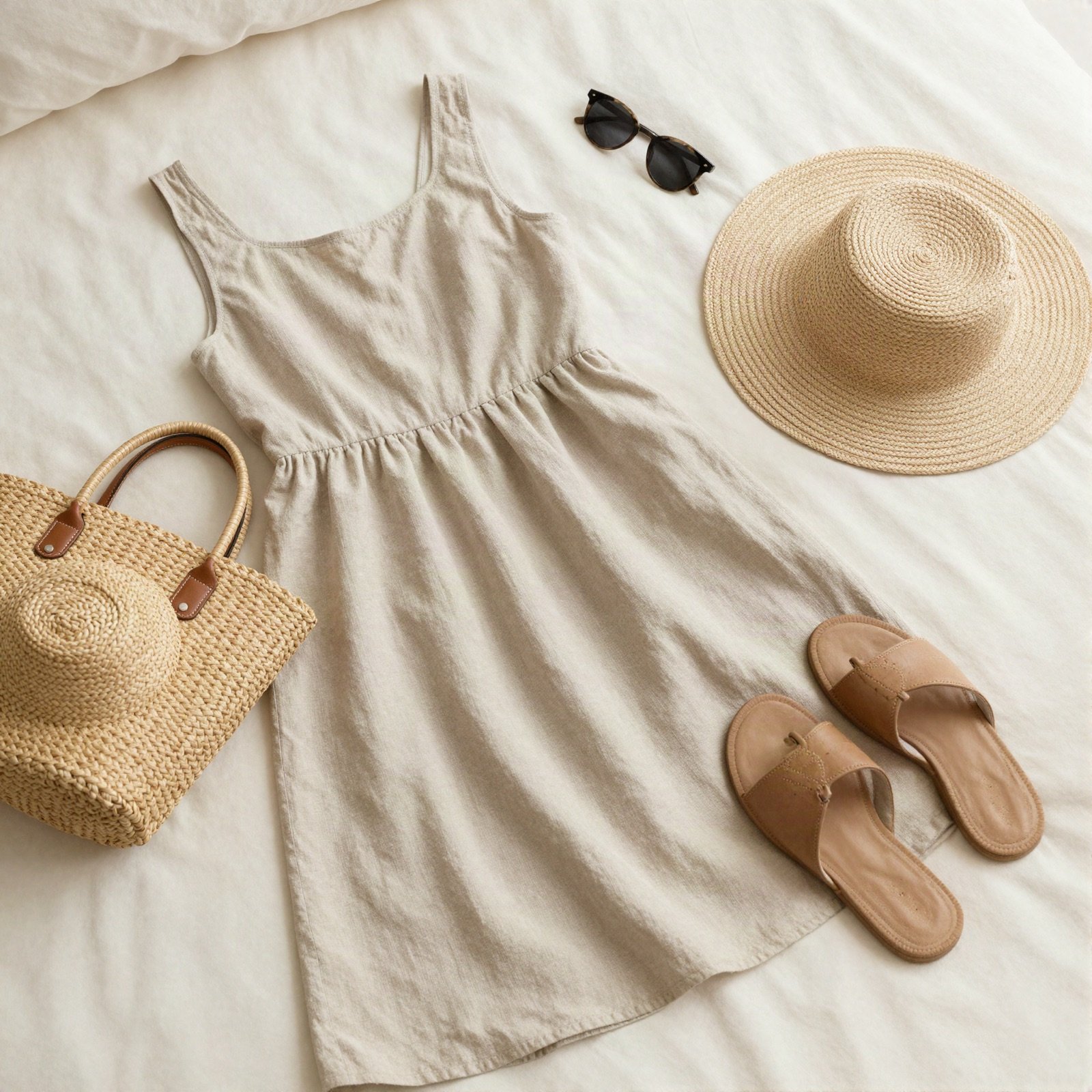 A linen dress, straw bag, sandals and sunglasses laid out on a bed