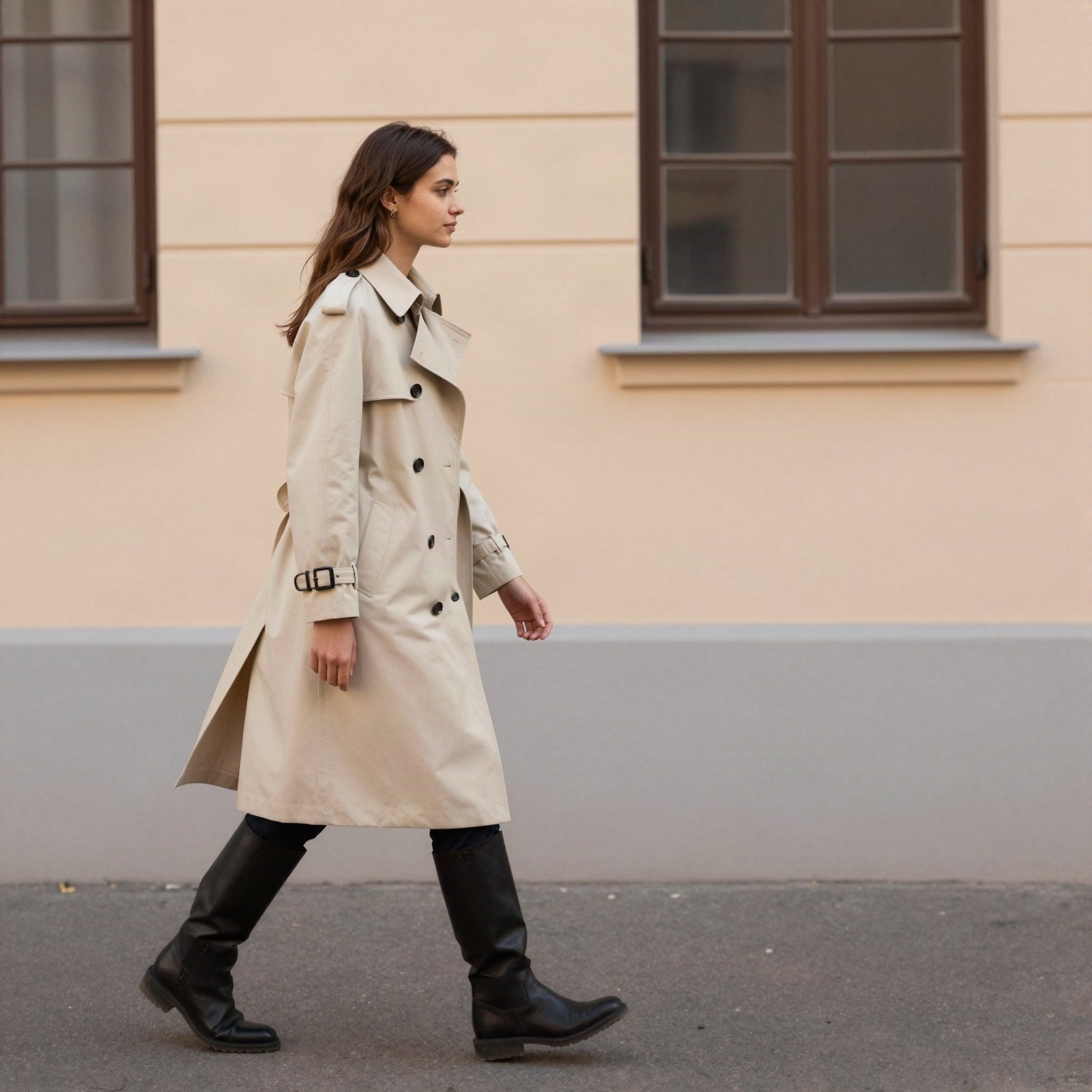 A woman in a cream trench coat and black boots walking past a pastel facade