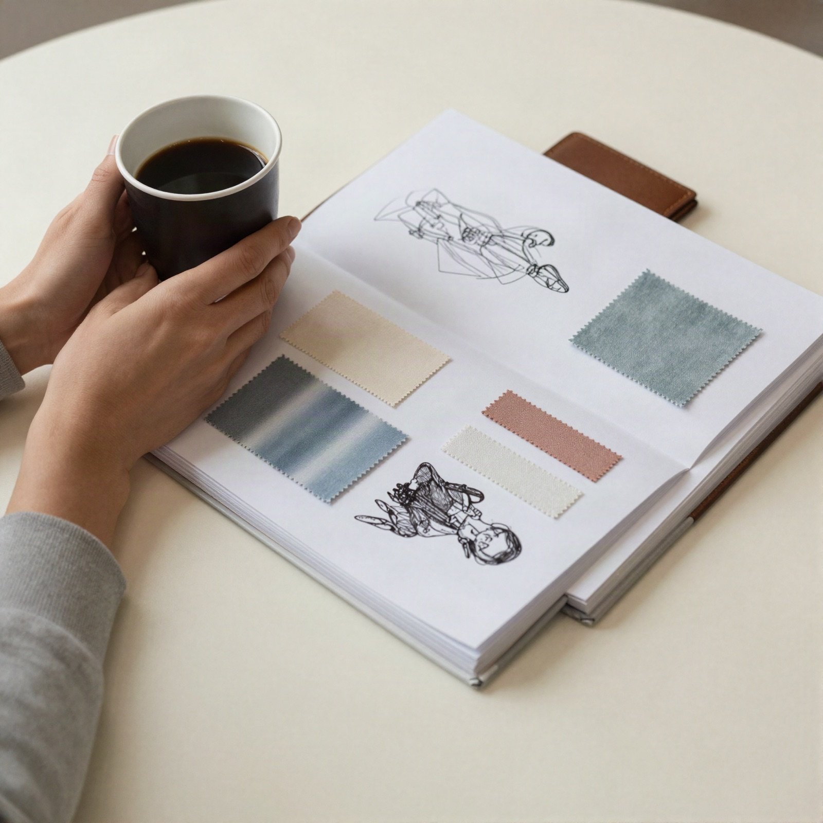 Hands holding a coffee next to a sketchbook with fabric swatches
