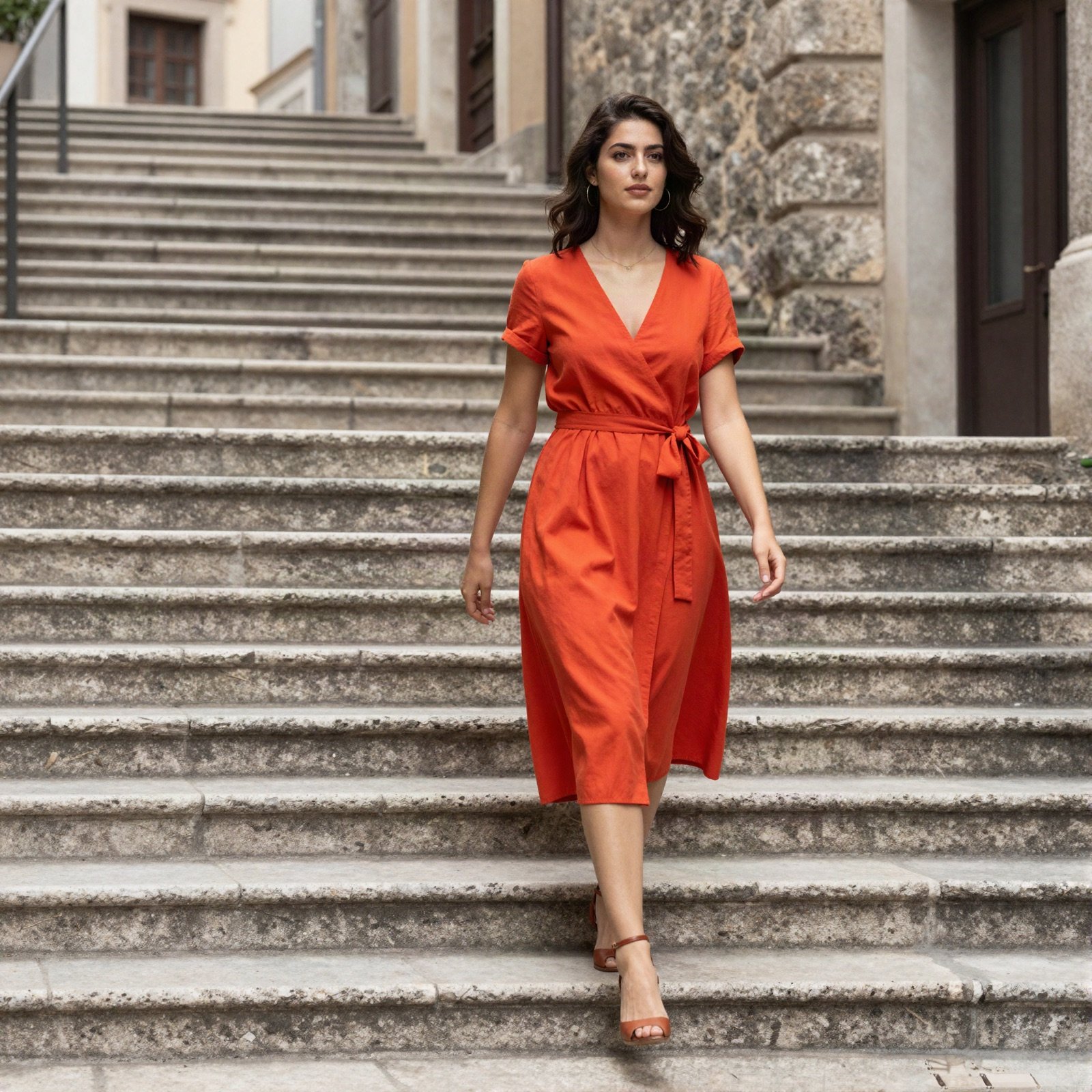 A woman in a red-orange midi dress walking down old stone steps