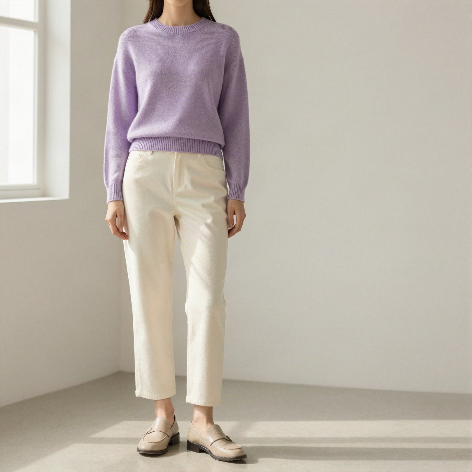 A lilac knit sweater, cream trousers and loafers in a bright room