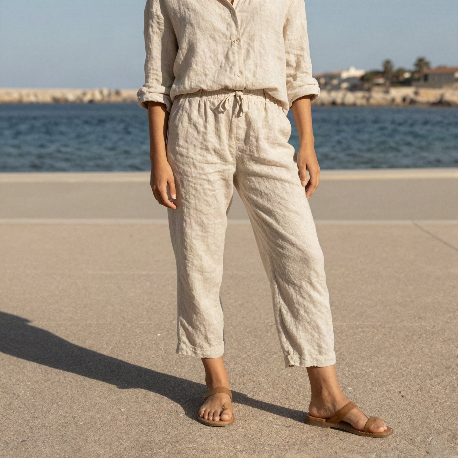 A beige linen shirt and trousers with flat sandals on a seaside promenade