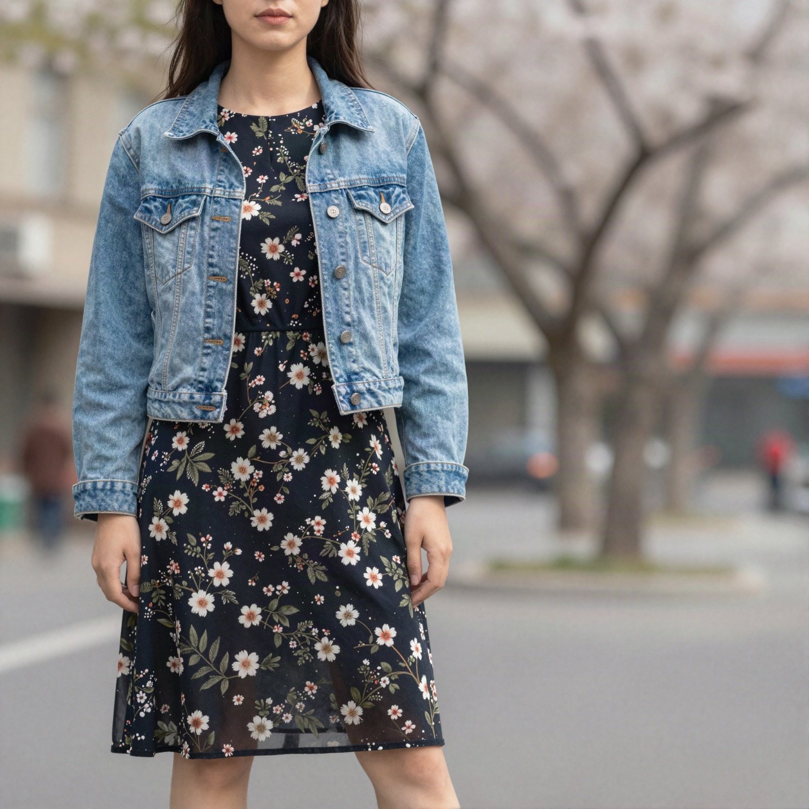 A floral midi dress with a denim jacket on a street lined with blossom trees