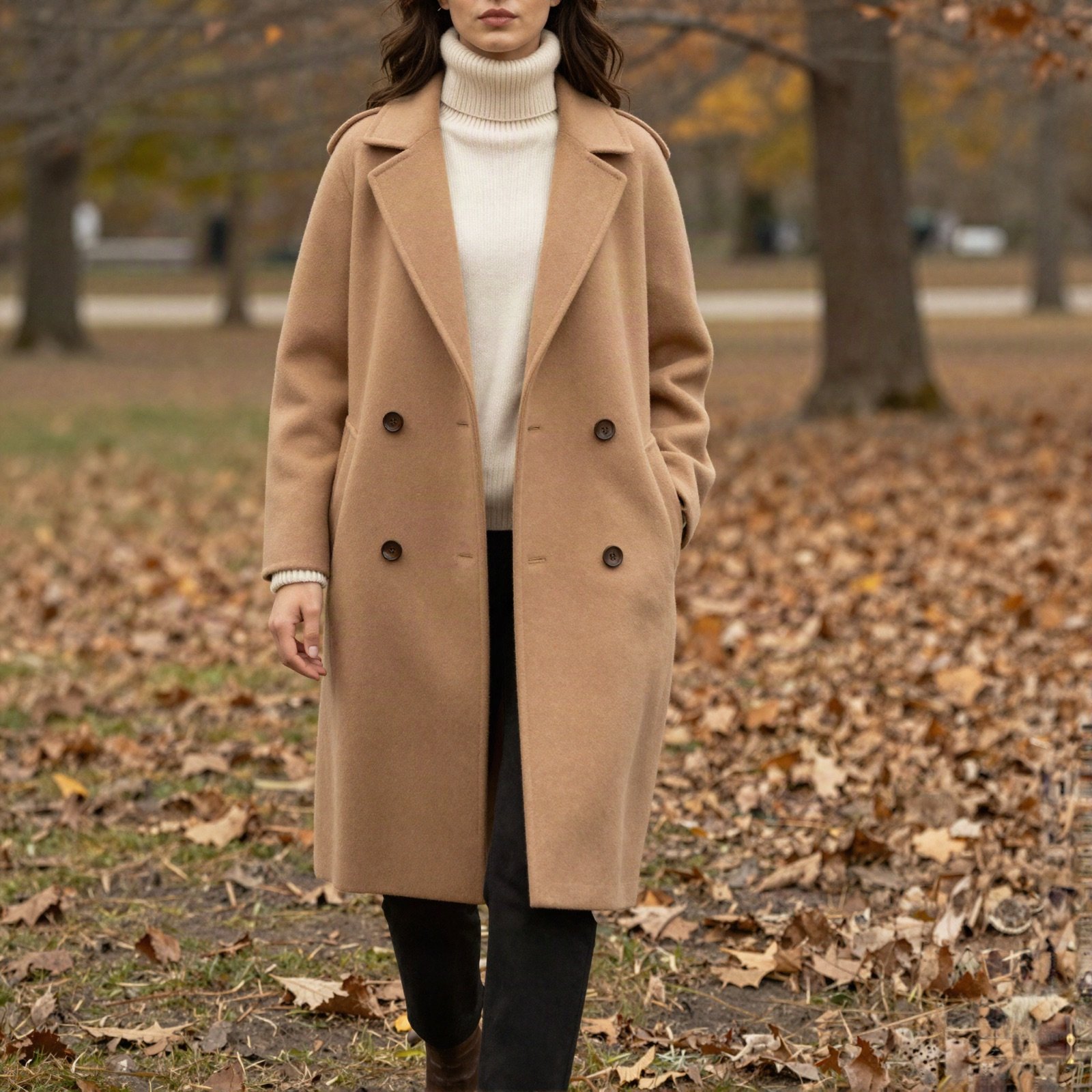A long camel coat over a cream roll-neck in an autumn park