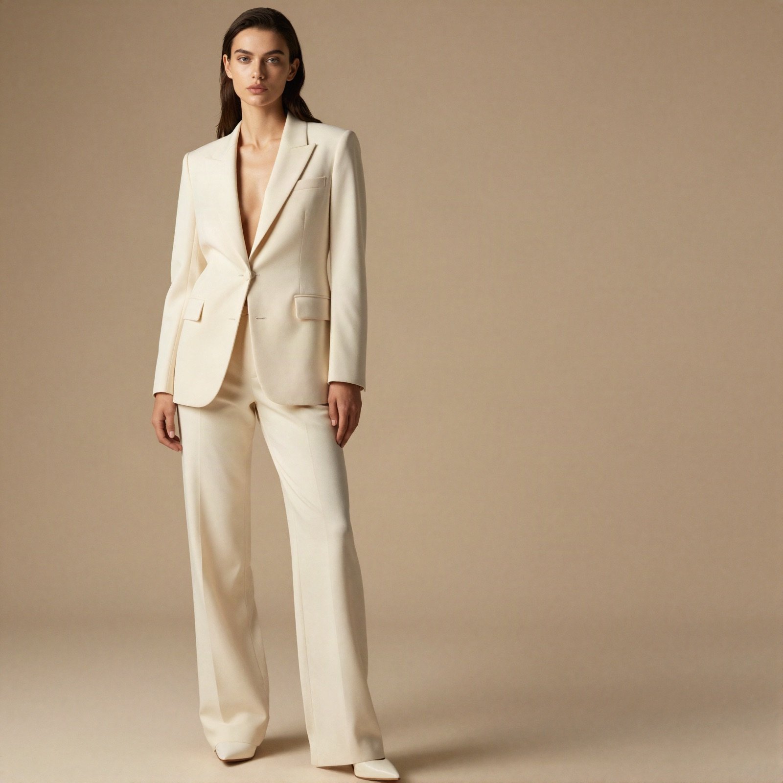 A model in a tailored cream suit against a beige studio backdrop