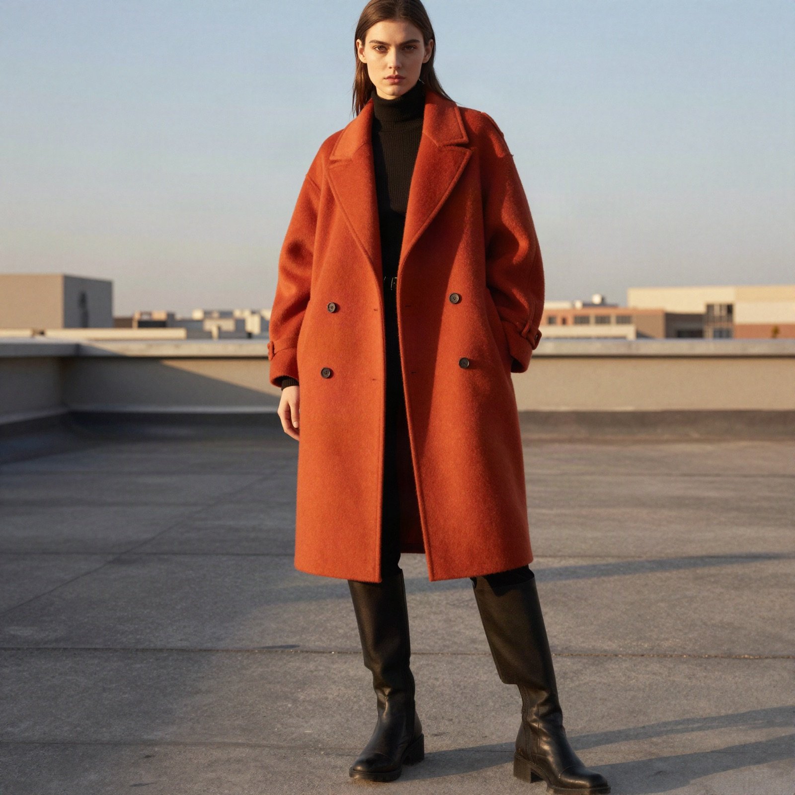 A model in an oversized red-orange coat on a rooftop at golden hour