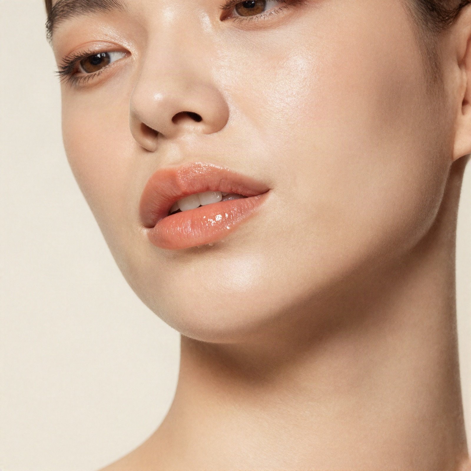 A beauty close-up with glowing skin and glossy peach lips