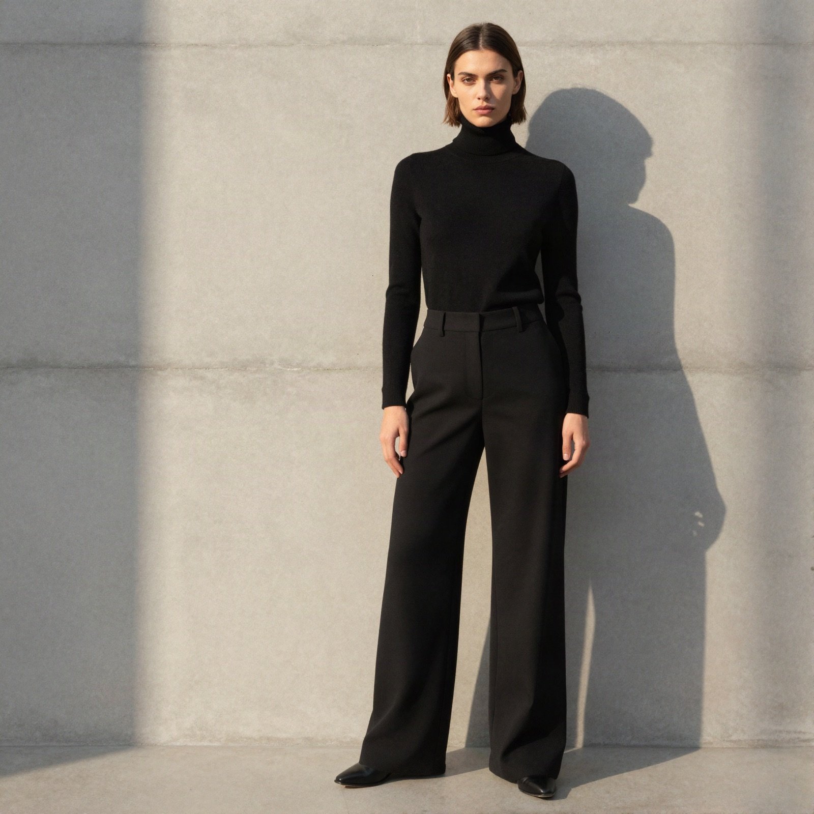 A model in a black turtleneck and wide trousers by a sunlit concrete wall