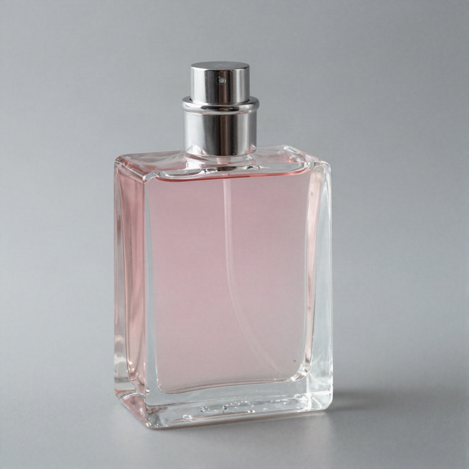 زجاجة عطر زجاجية ثقيلة بعطر وردي فاتح وغطاء فضي