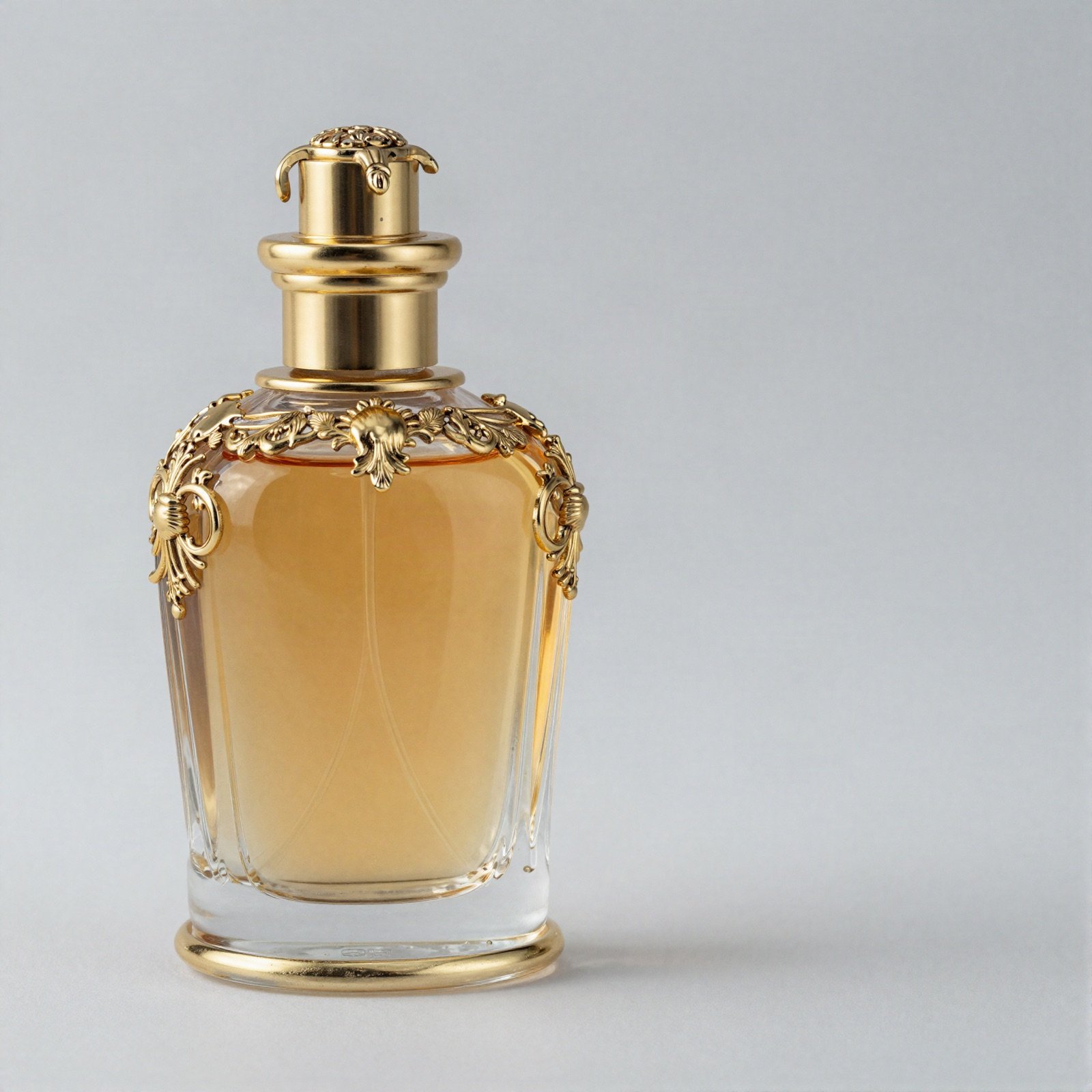 زجاجة عطر مذهّبة مزخرفة مملوءة بعطر كهرماني